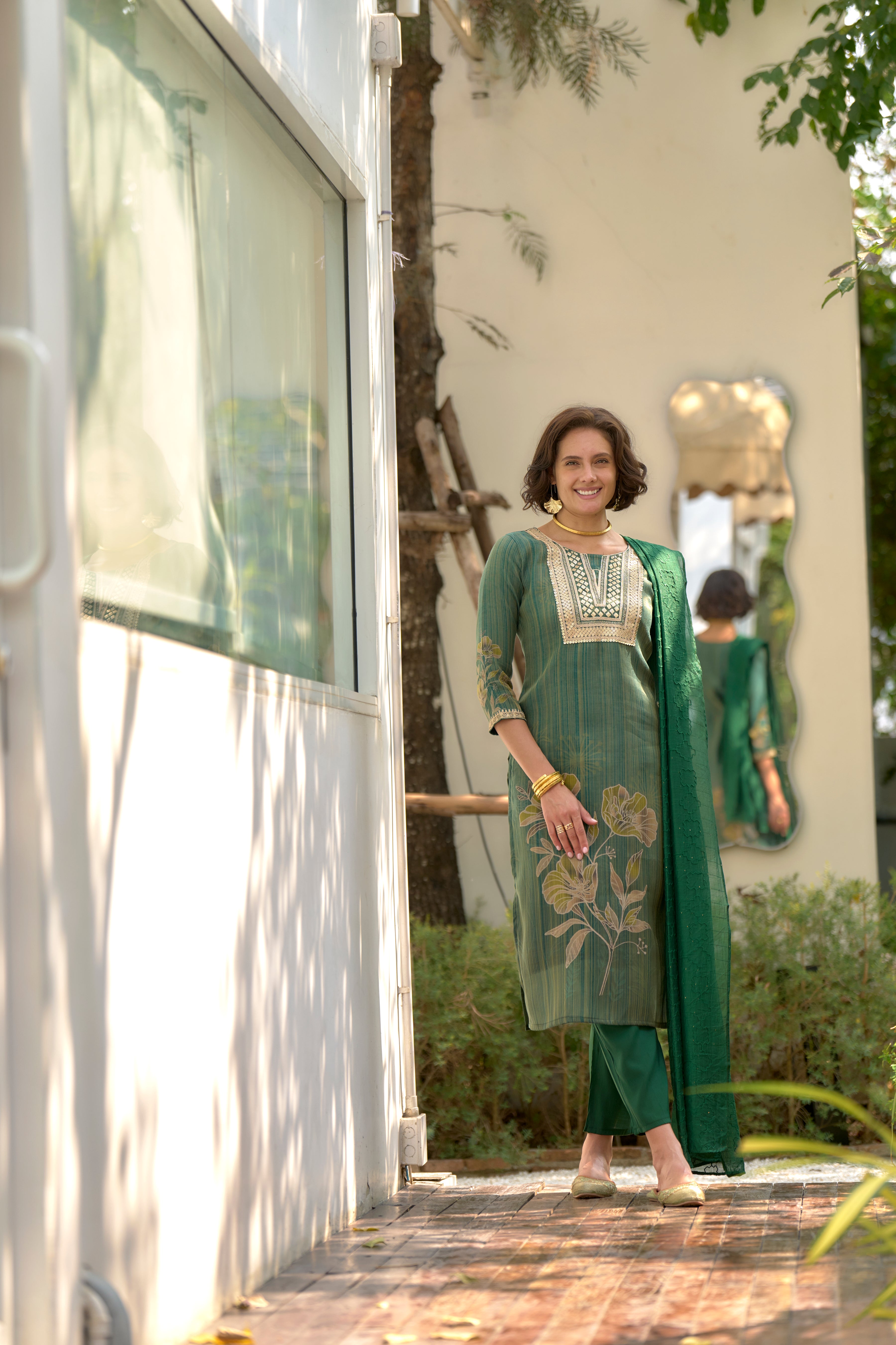 Her Couture Women's Green Tissue Silk Embroidered Straight Kurta With Pant & Printed Dupatta