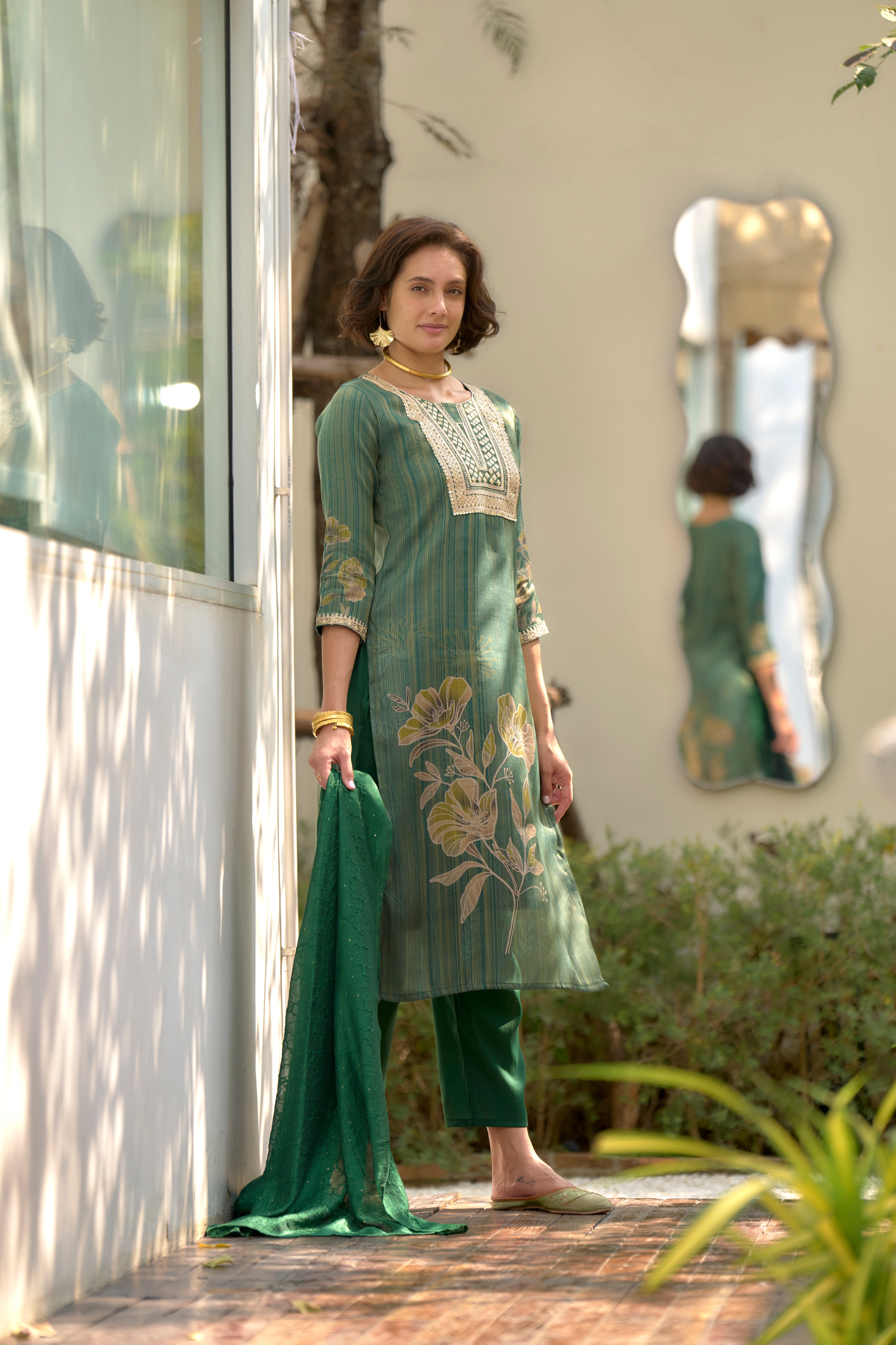 Her Couture Women's Green Tissue Silk Embroidered Straight Kurta With Pant & Printed Dupatta