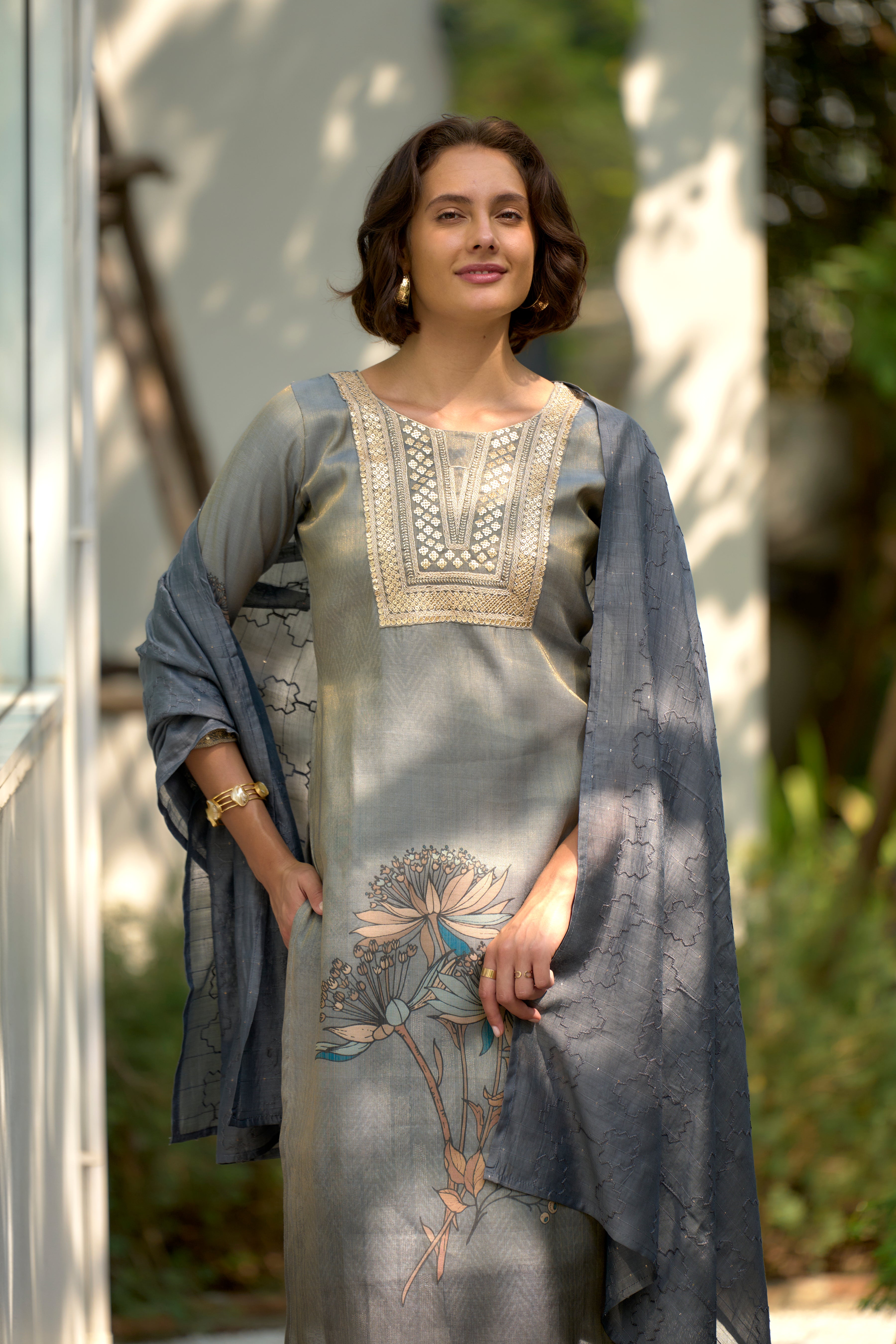 Her Couture Women's Grey Tissue Silk Embroidered Straight Kurta With Pant & Printed Dupatta
