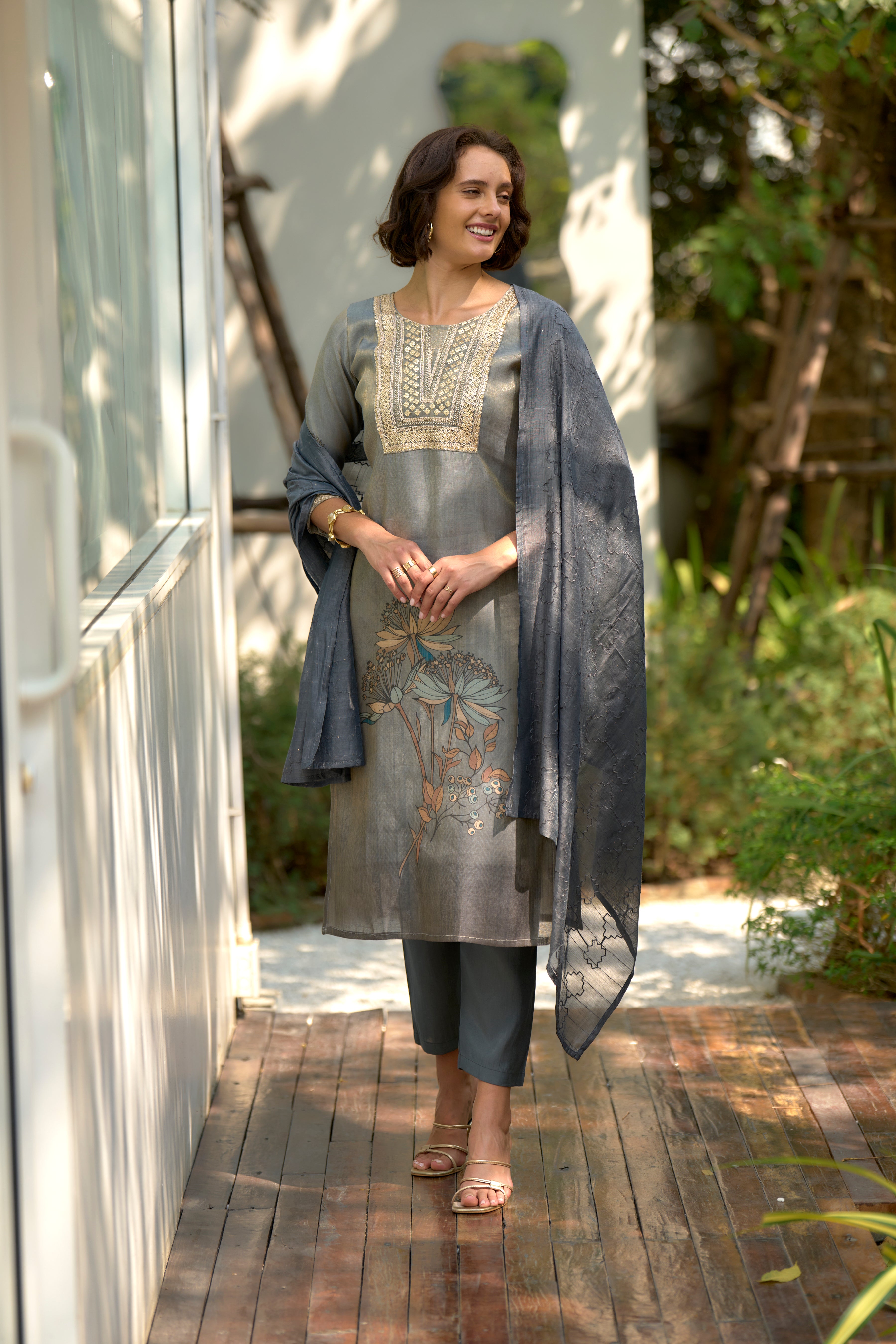 Her Couture Women's Grey Tissue Silk Embroidered Straight Kurta With Pant & Printed Dupatta