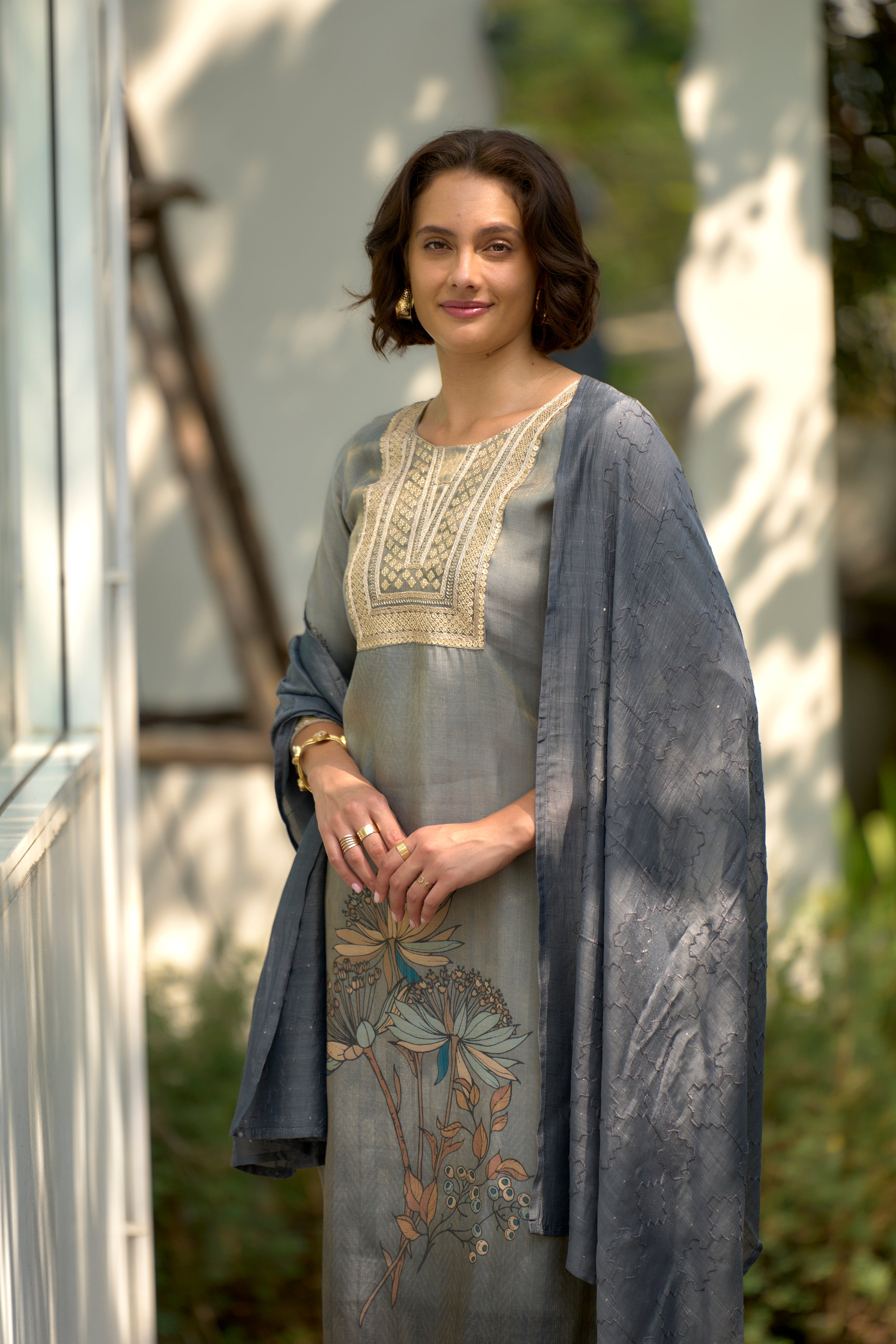 Her Couture Women's Grey Tissue Silk Embroidered Straight Kurta With Pant & Printed Dupatta