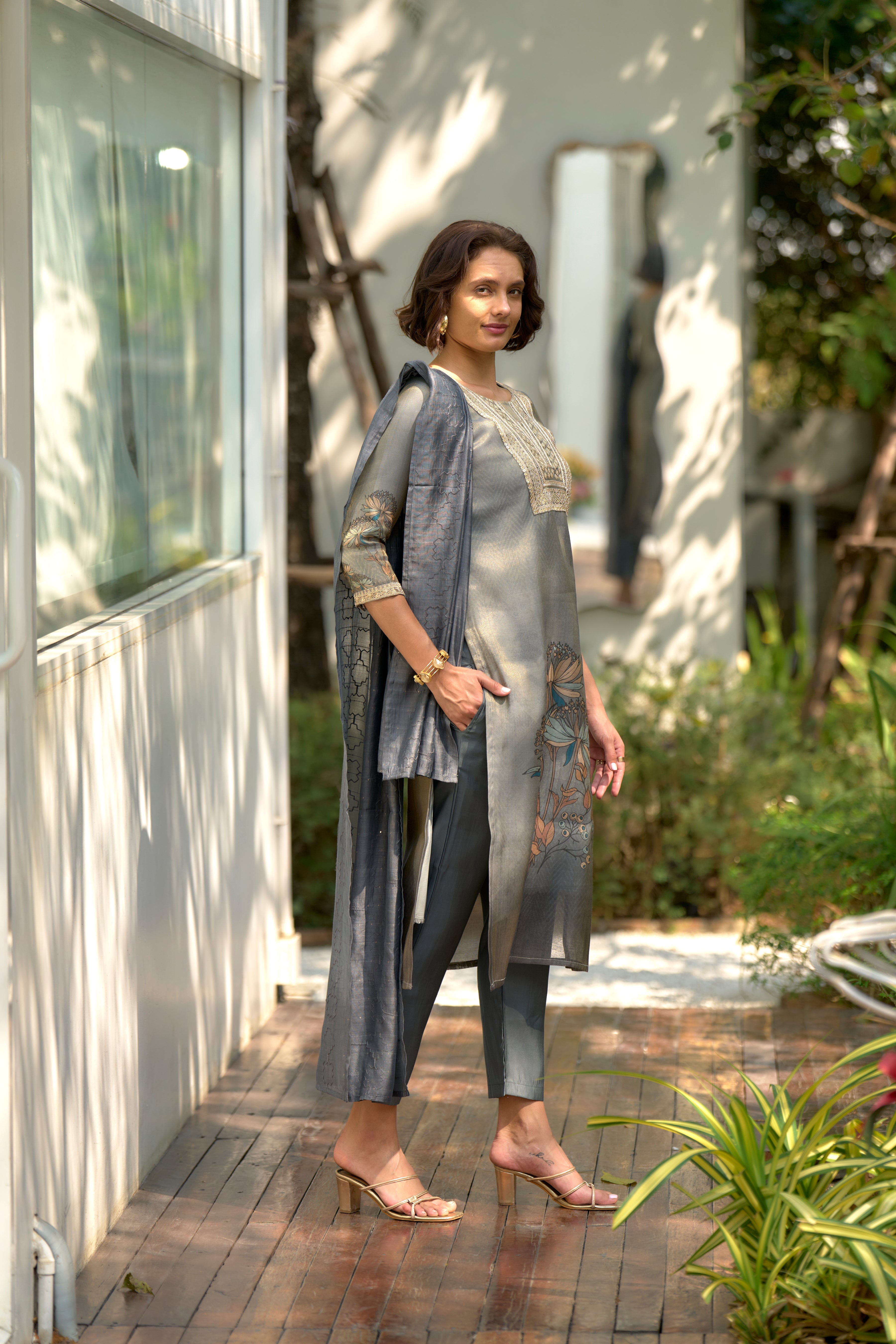 Her Couture Women's Grey Tissue Silk Embroidered Straight Kurta With Pant & Printed Dupatta