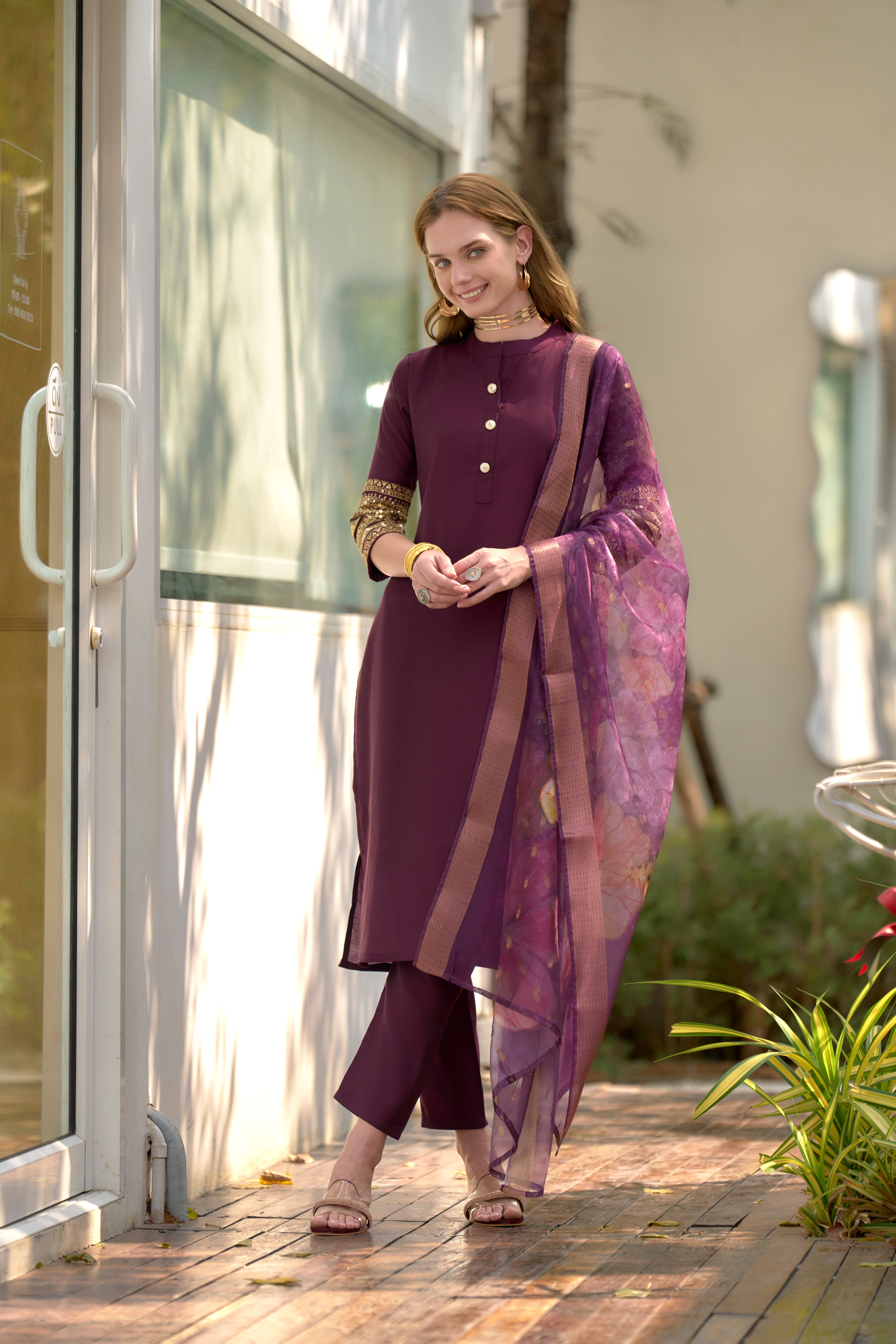 Her Couture Women's Wine Roman Silk Embroidered Straight Kurta With Pant & Printed Dupatta