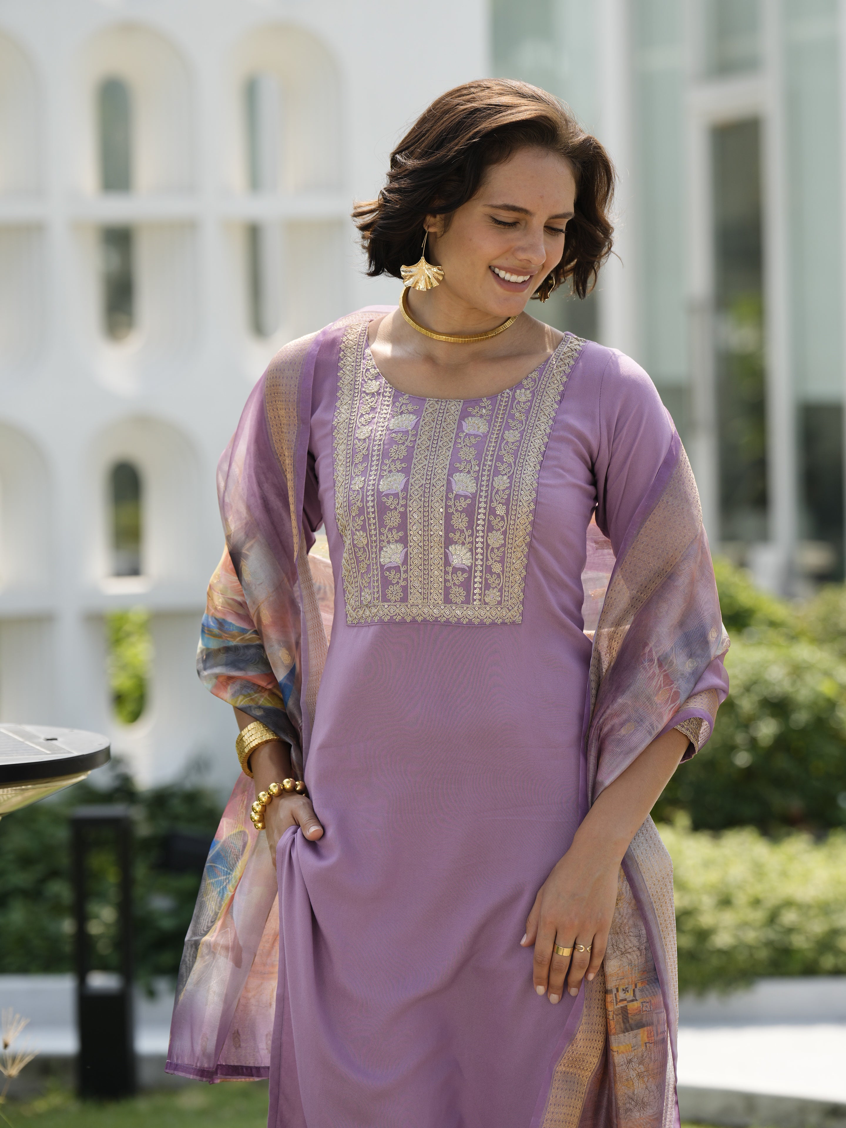 Her Couture Women's Lavender Viscos Rayon Embroidered Straight Kurta With Pant & Printed Dupatta