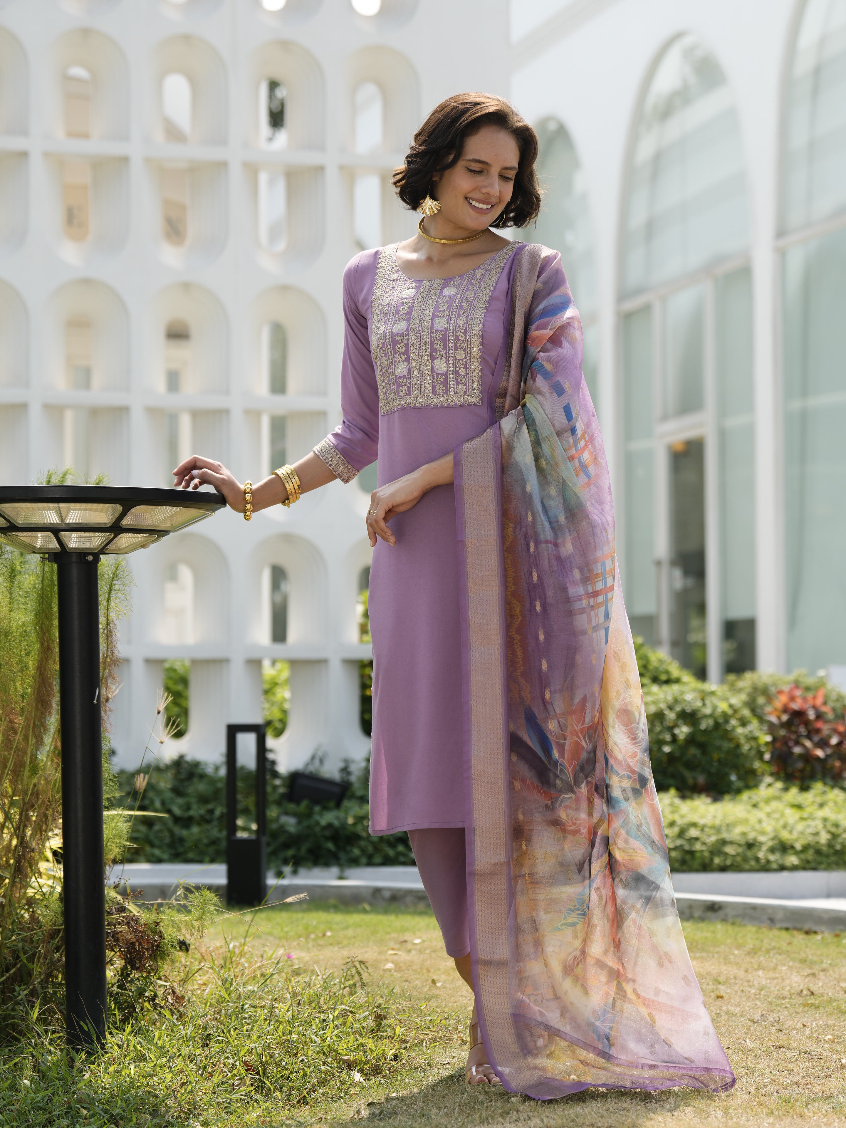 Her Couture Women's Lavender Viscos Rayon Embroidered Straight Kurta With Pant & Printed Dupatta