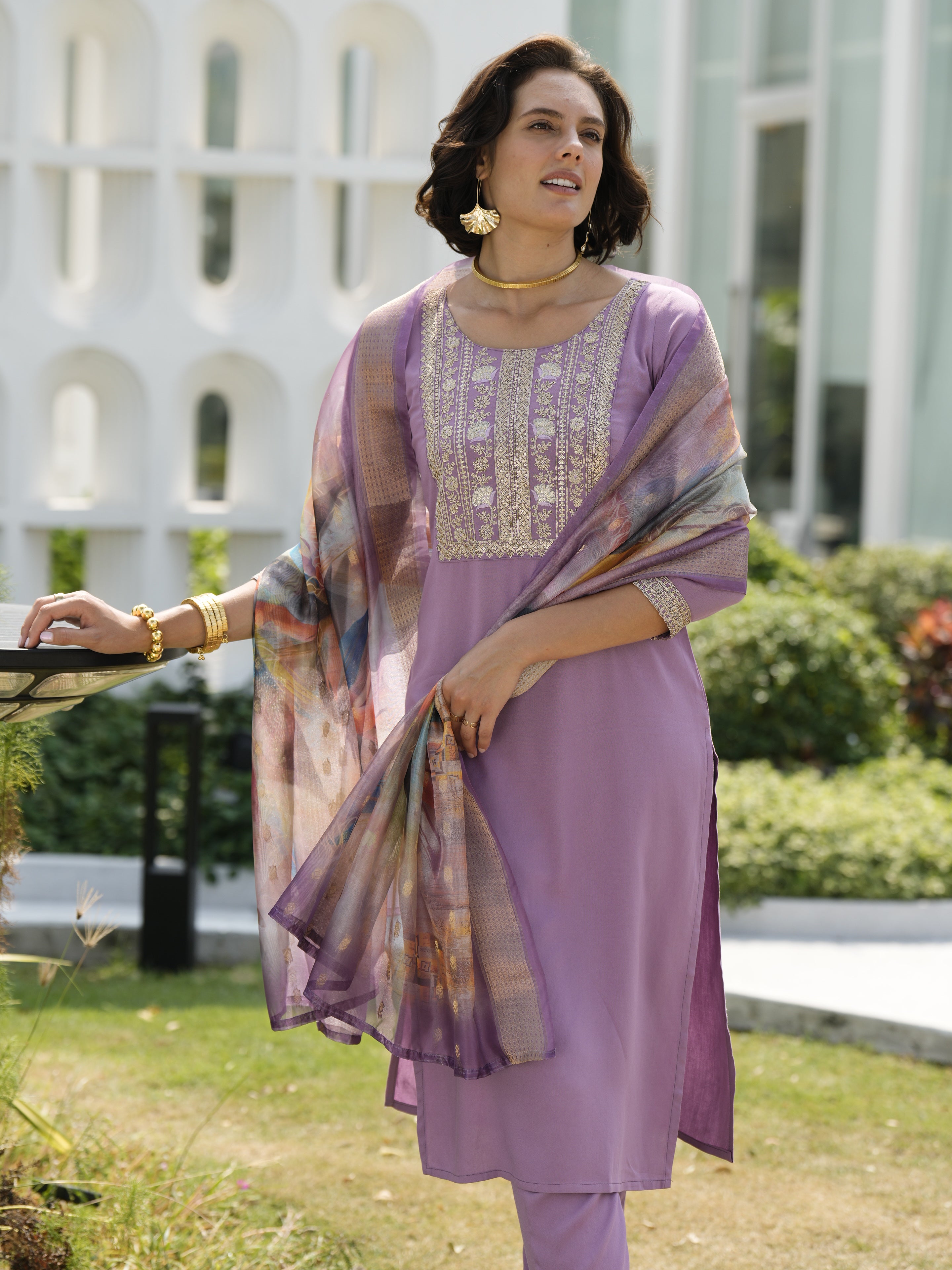 Her Couture Women's Lavender Viscos Rayon Embroidered Straight Kurta With Pant & Printed Dupatta