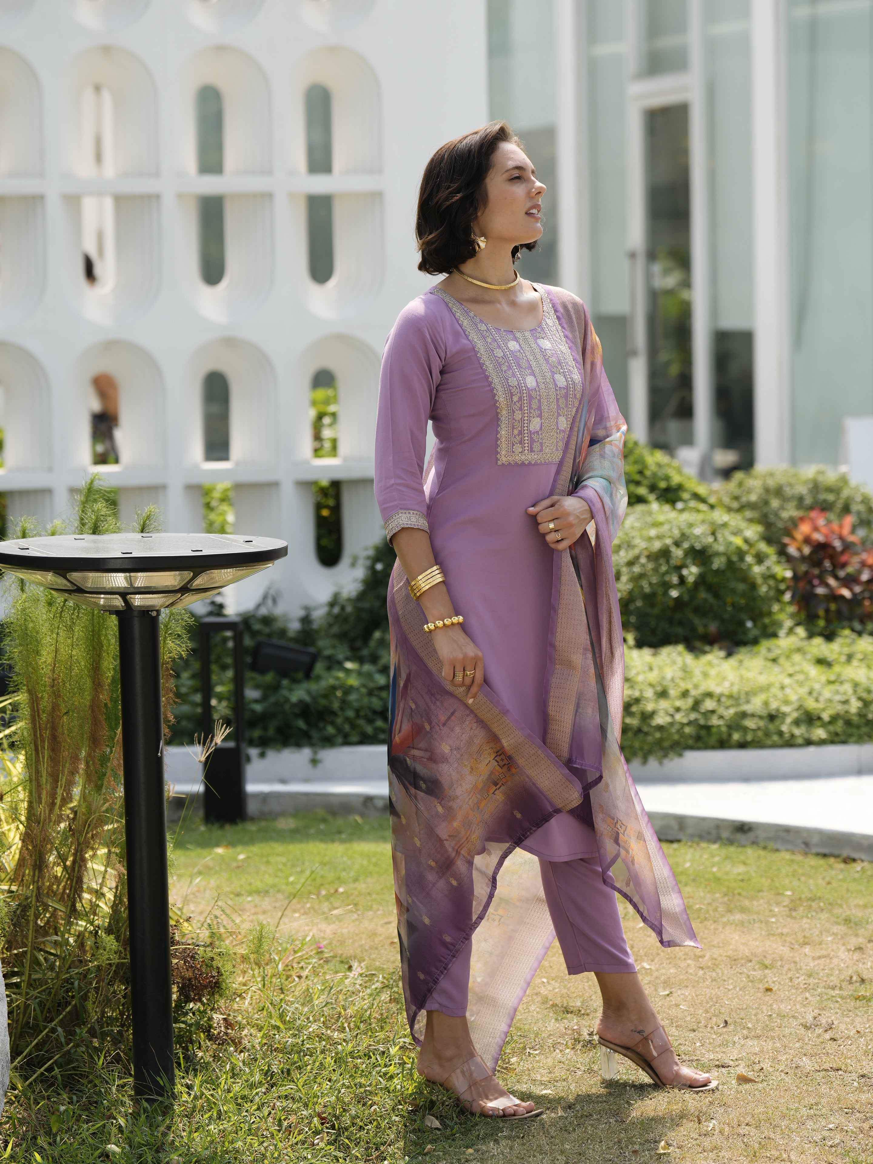 Her Couture Women's Lavender Viscos Rayon Embroidered Straight Kurta With Pant & Printed Dupatta