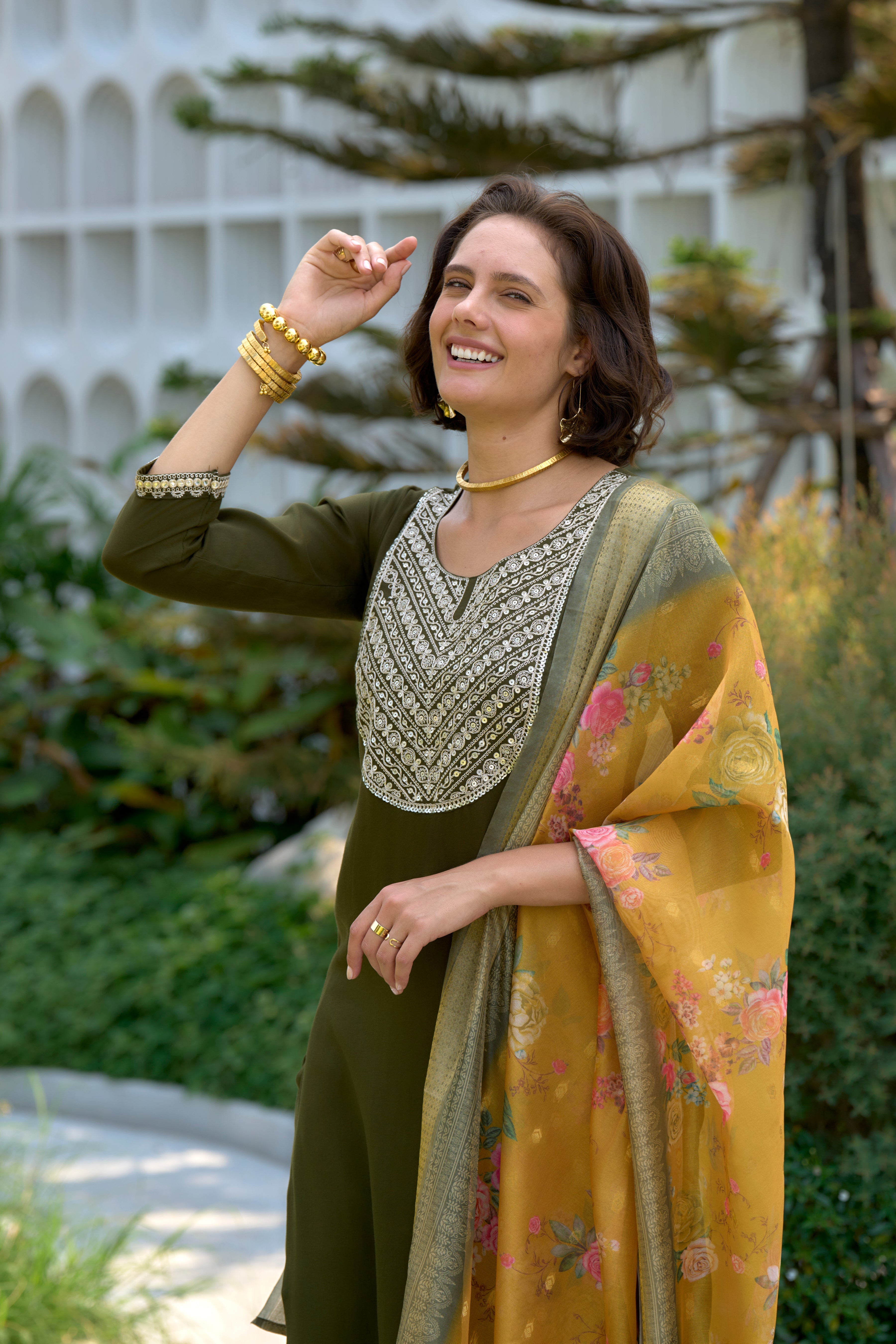 Her Couture Women's Dark Green Viscos Rayon Embroidered Straight Kurta With Pant & Printed Dupatta