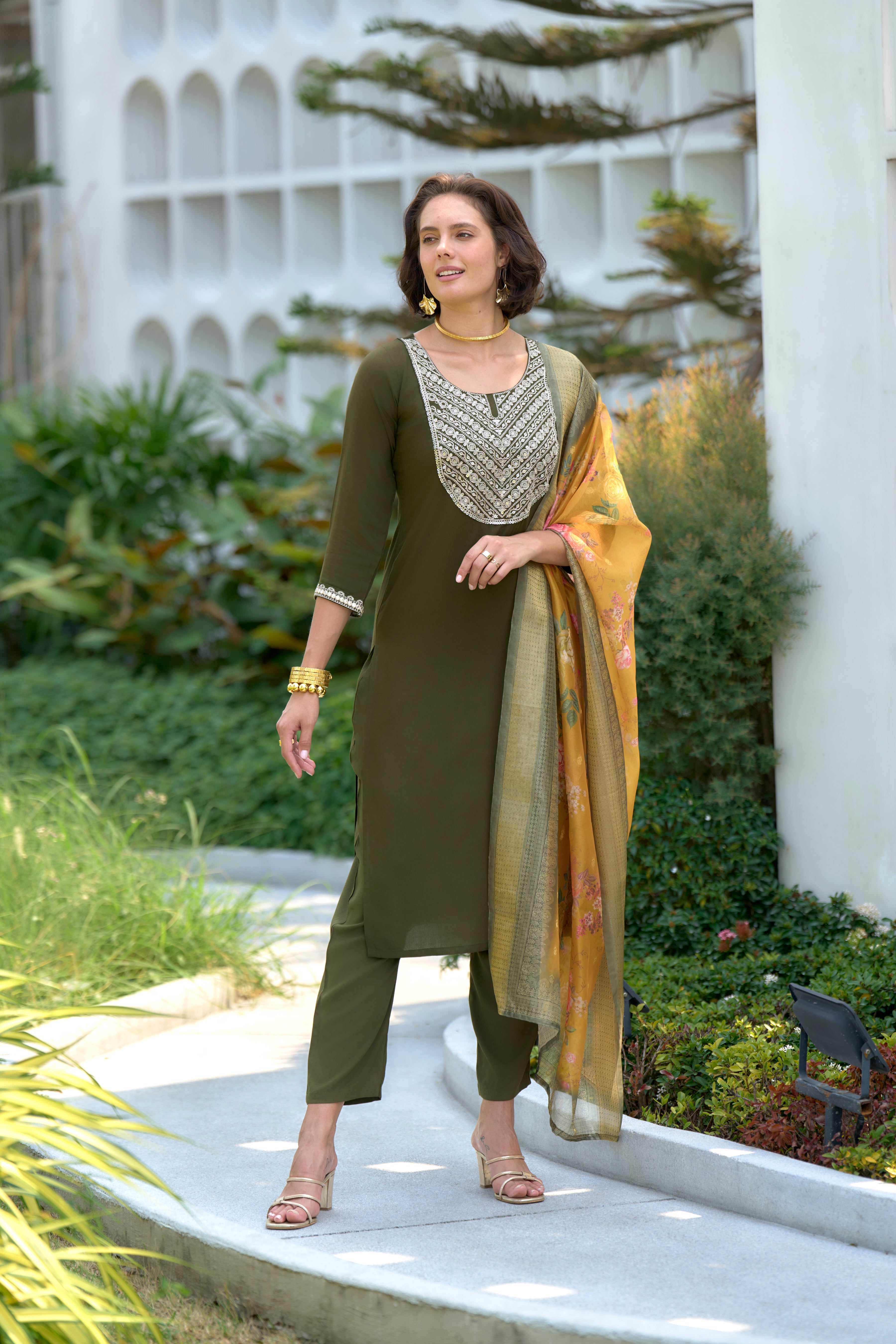 Her Couture Women's Dark Green Viscos Rayon Embroidered Straight Kurta With Pant & Printed Dupatta