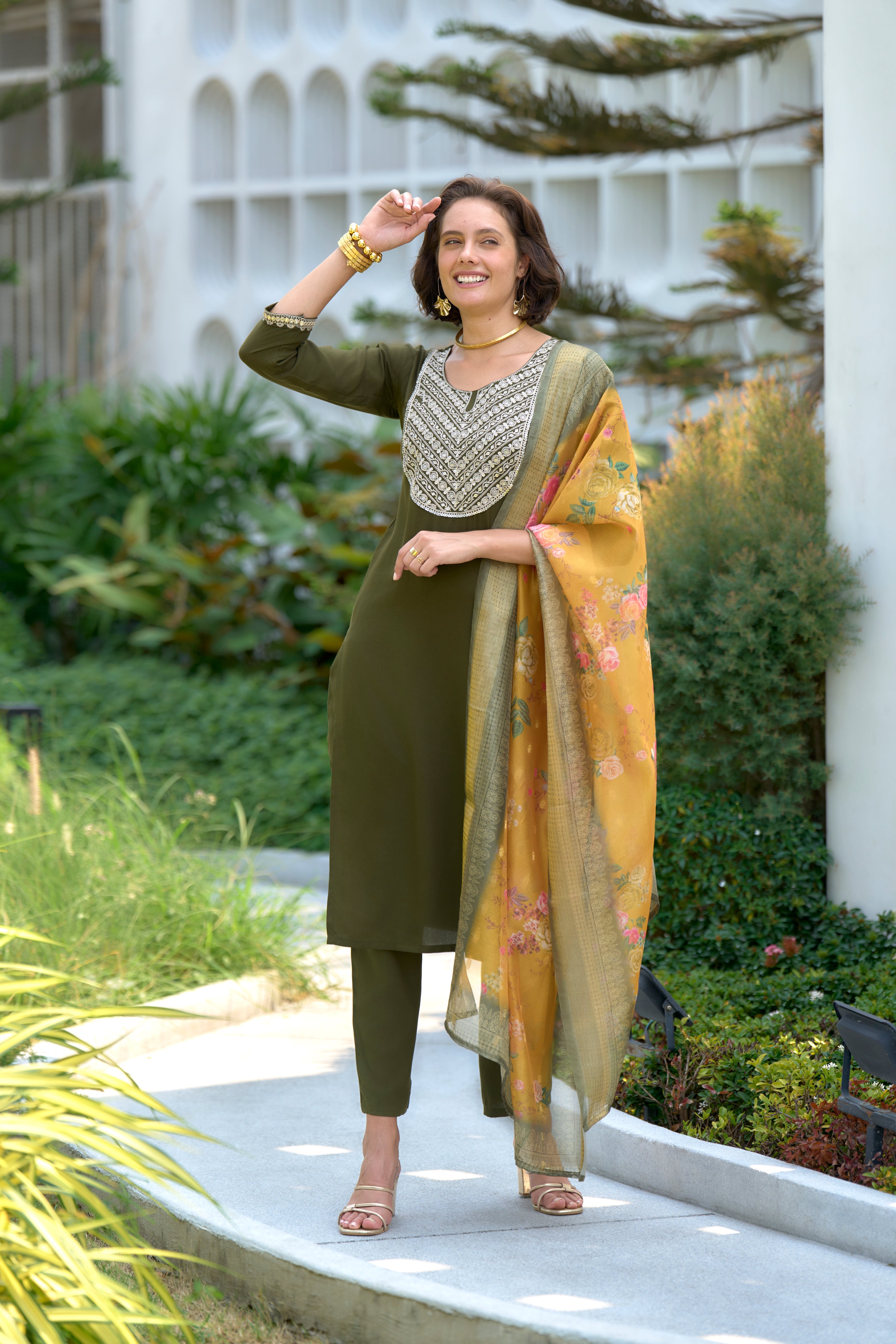 Her Couture Women's Dark Green Viscos Rayon Embroidered Straight Kurta With Pant & Printed Dupatta