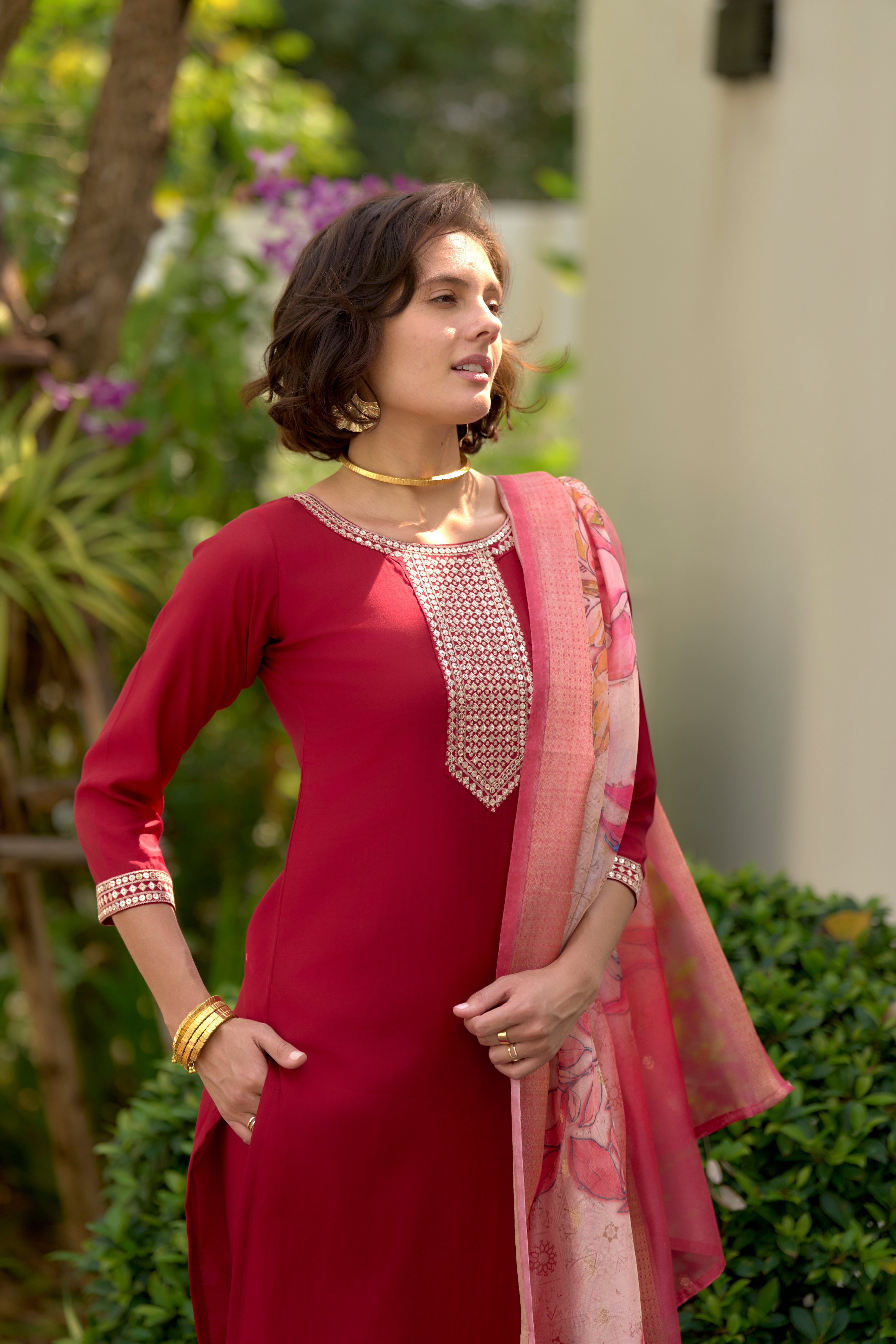 Her Couture Women's Red Roman Silk Embroidered Straight Kurta With Pant & Printed Dupatta