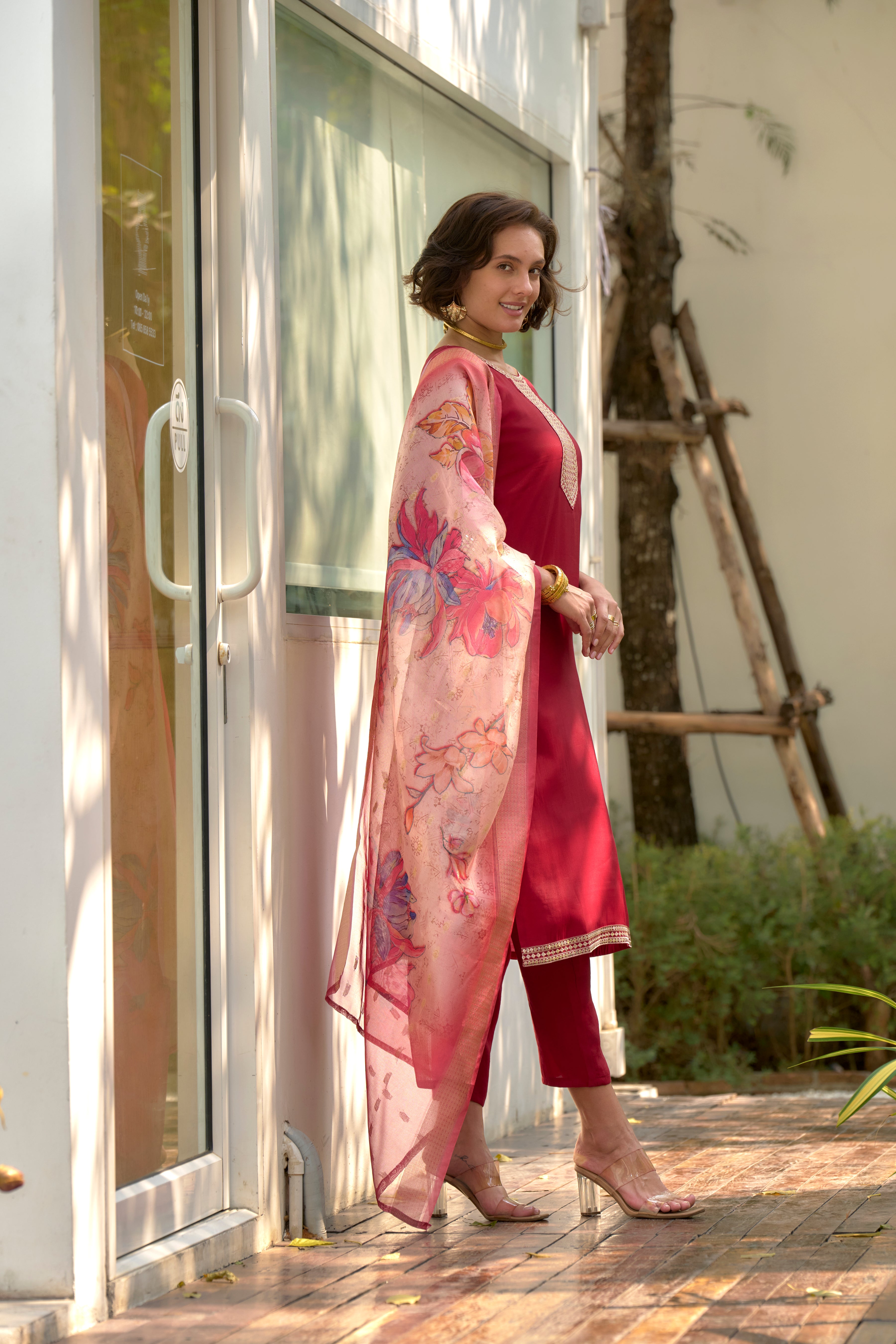 Her Couture Women's Red Roman Silk Embroidered Straight Kurta With Pant & Printed Dupatta