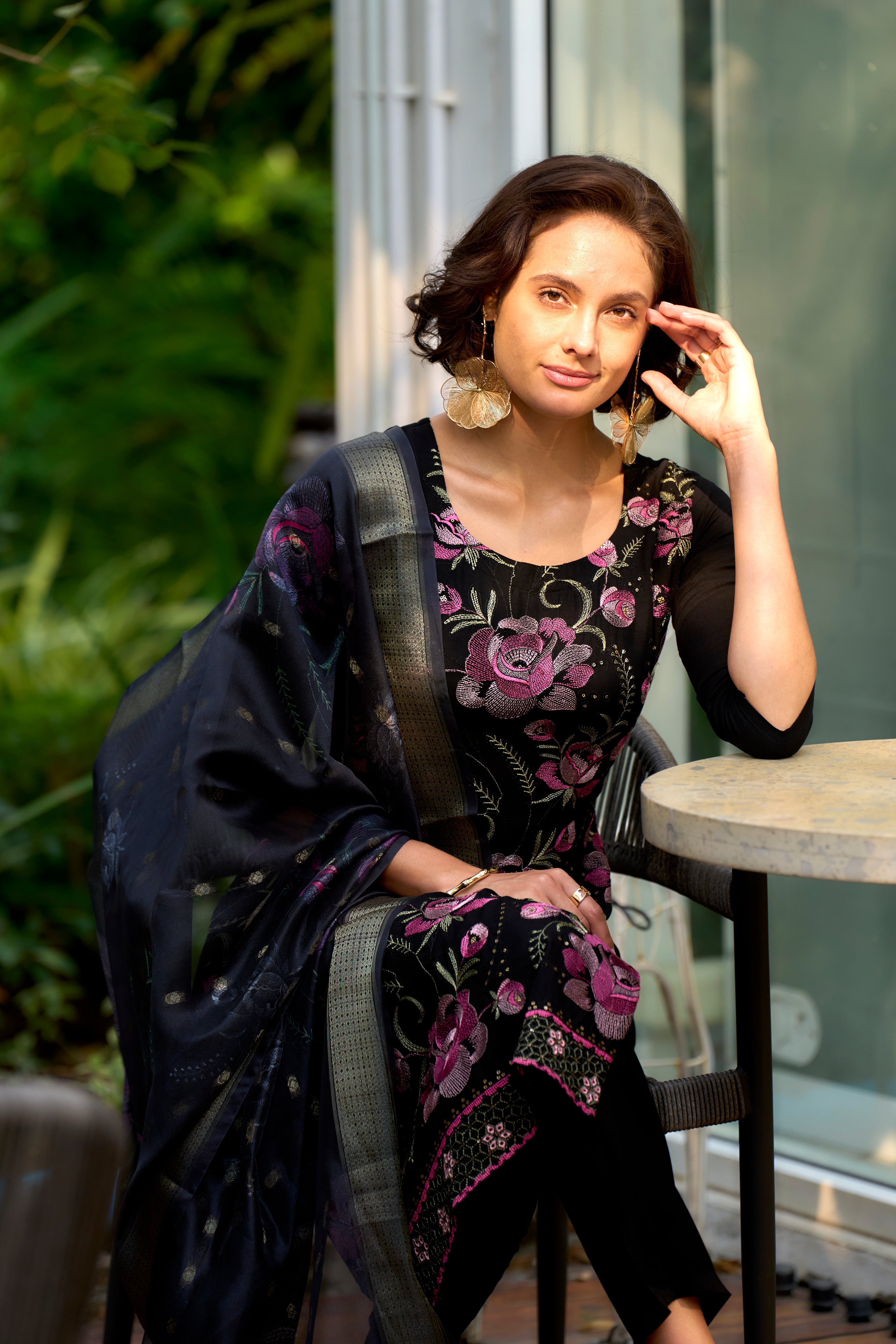 Her Couture Women's Black Rayon Embroidered Straight Kurta With Pant & Printed Dupatta