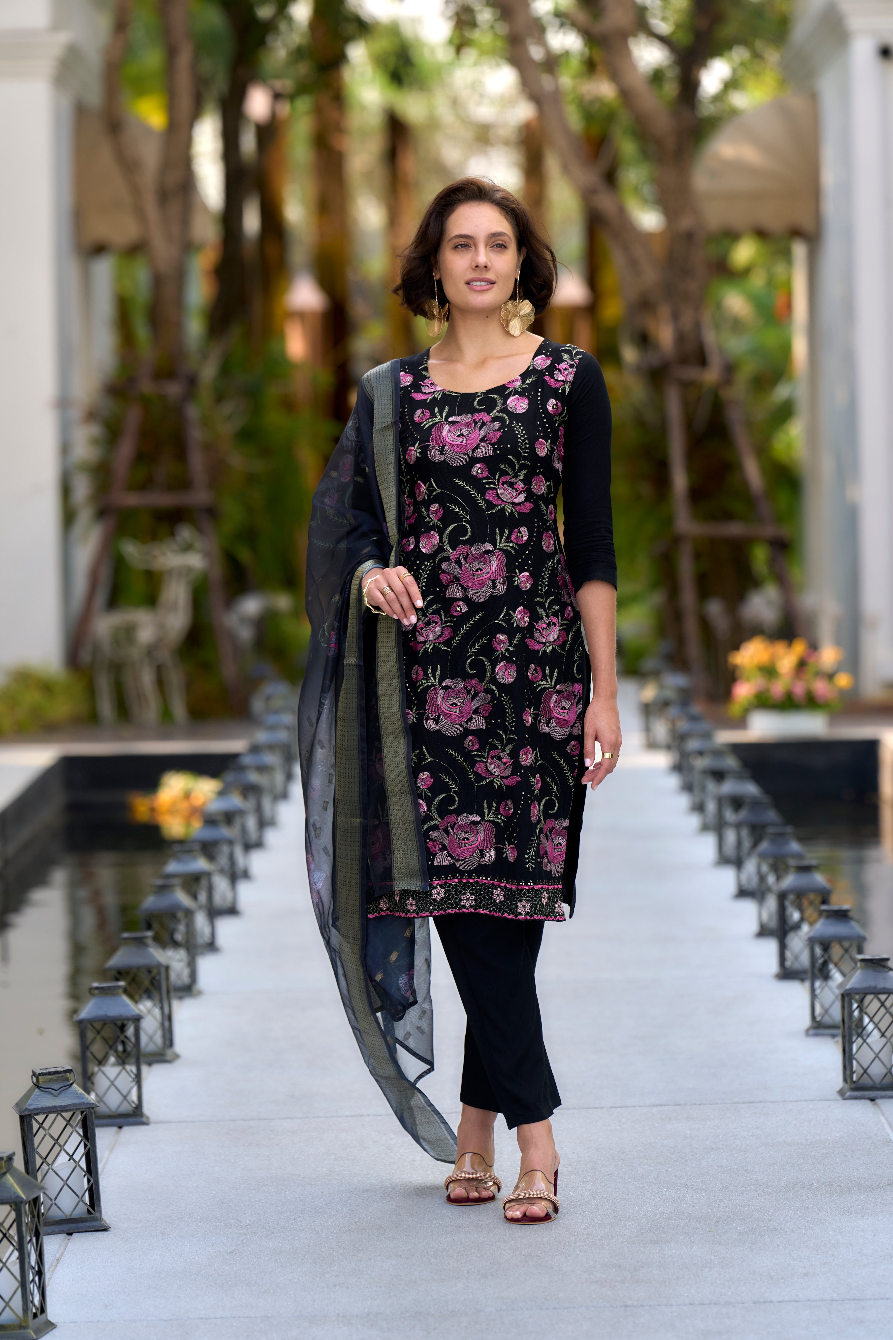 Her Couture Women's Black Rayon Embroidered Straight Kurta With Pant & Printed Dupatta