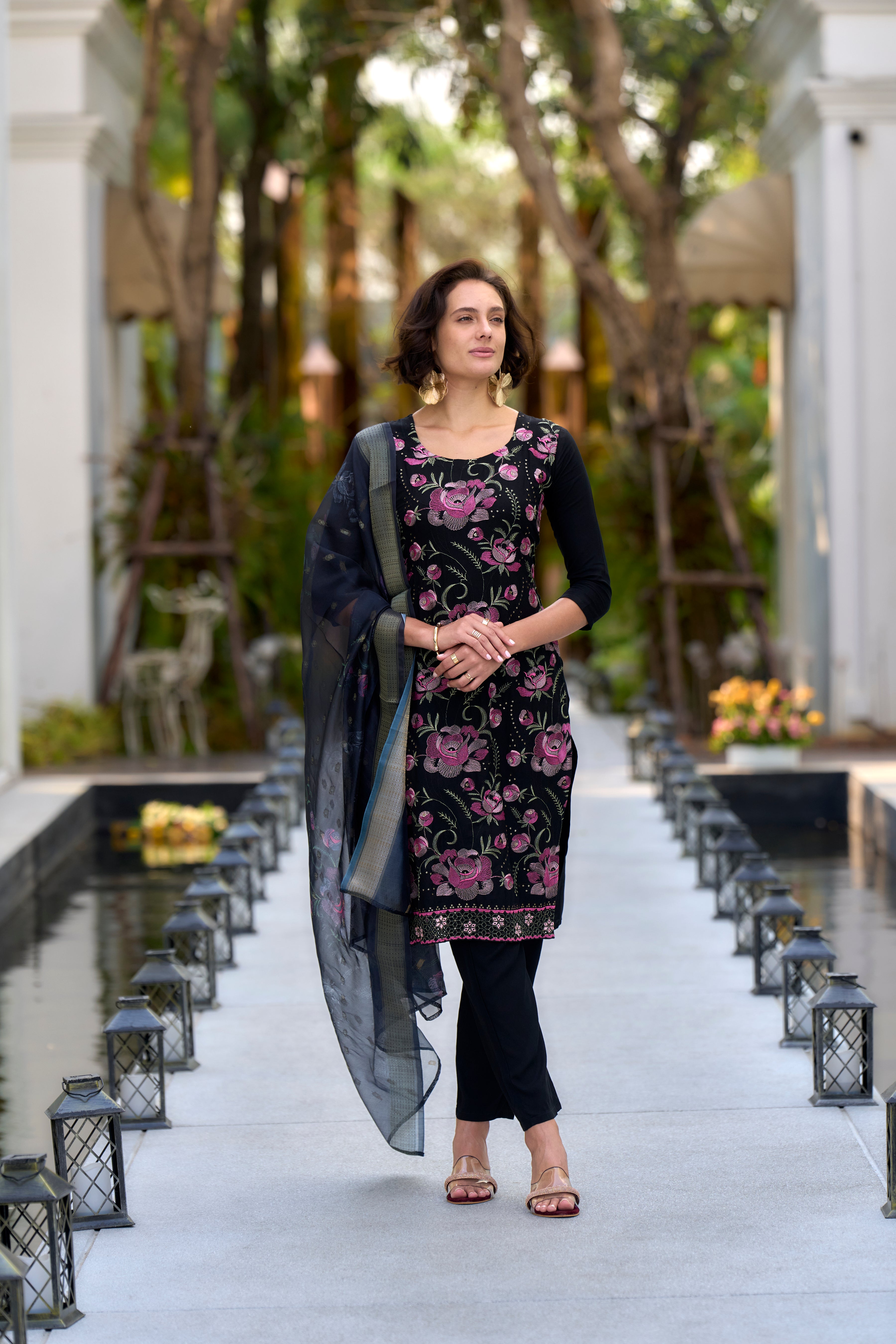 Her Couture Women's Black Rayon Embroidered Straight Kurta With Pant & Printed Dupatta