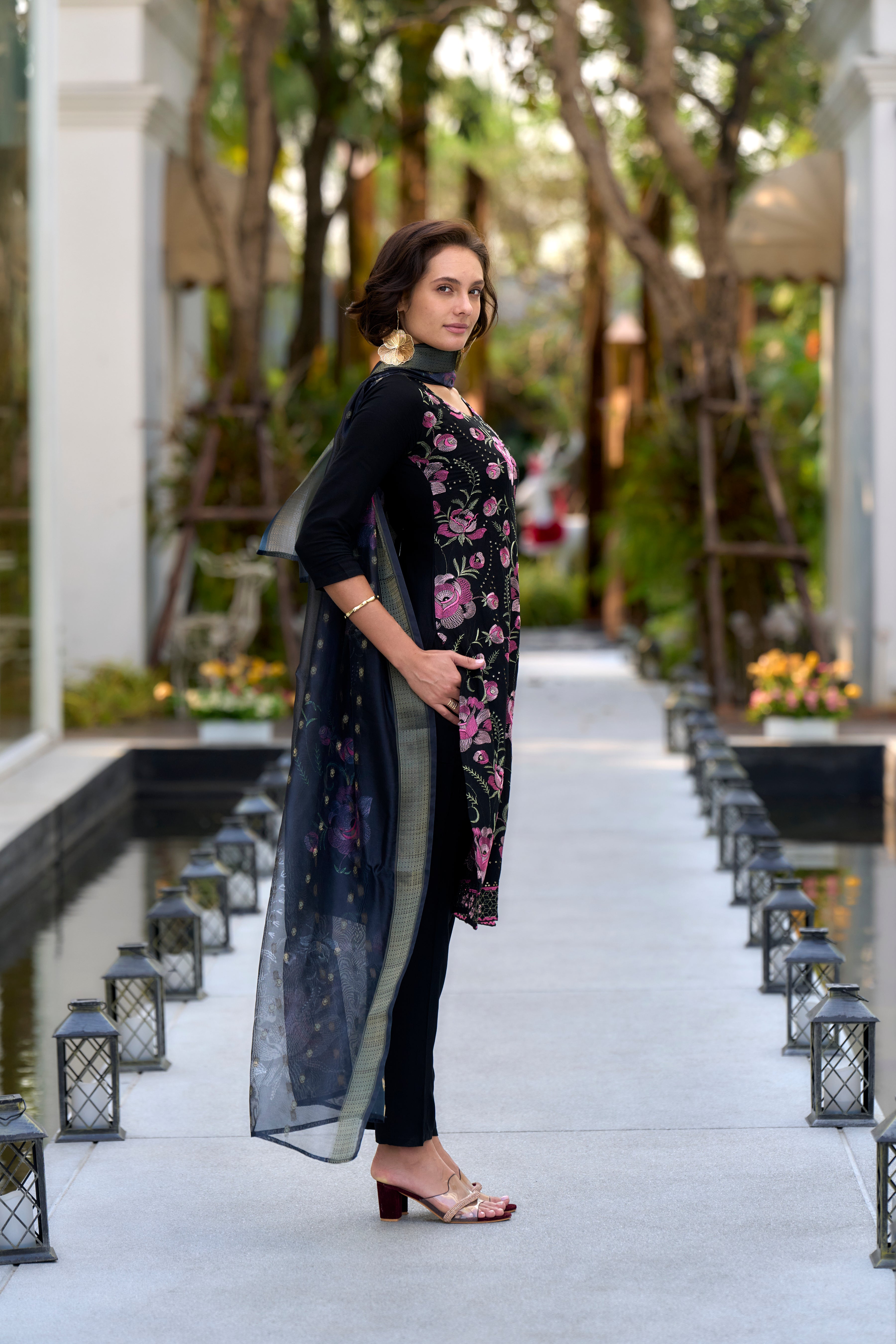Her Couture Women's Black Rayon Embroidered Straight Kurta With Pant & Printed Dupatta