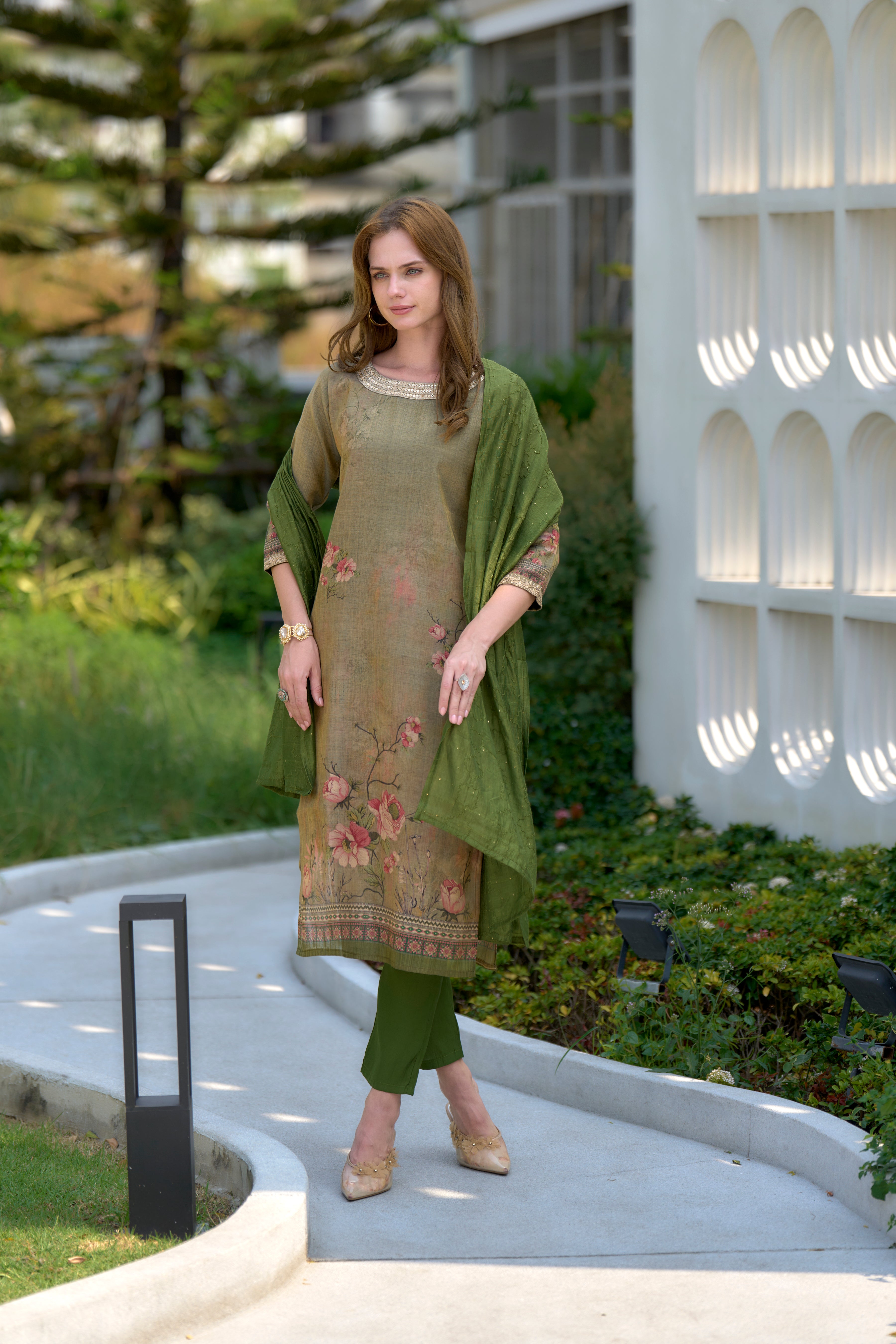 Her Couture Women's Bronze Tissue Silk Embroidered Straight Kurta With Pant & Printed Dupatta