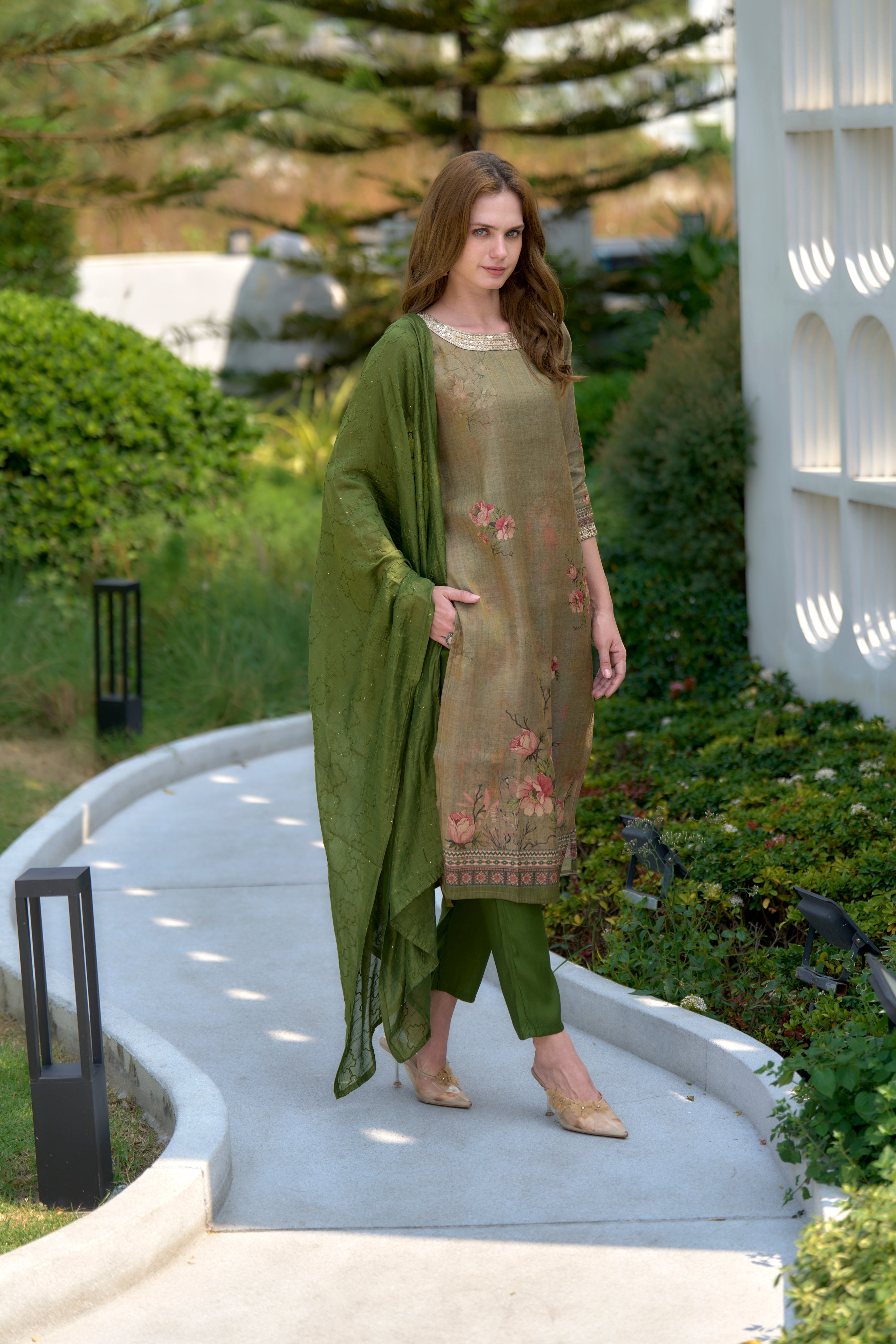 Her Couture Women's Bronze Tissue Silk Embroidered Straight Kurta With Pant & Printed Dupatta