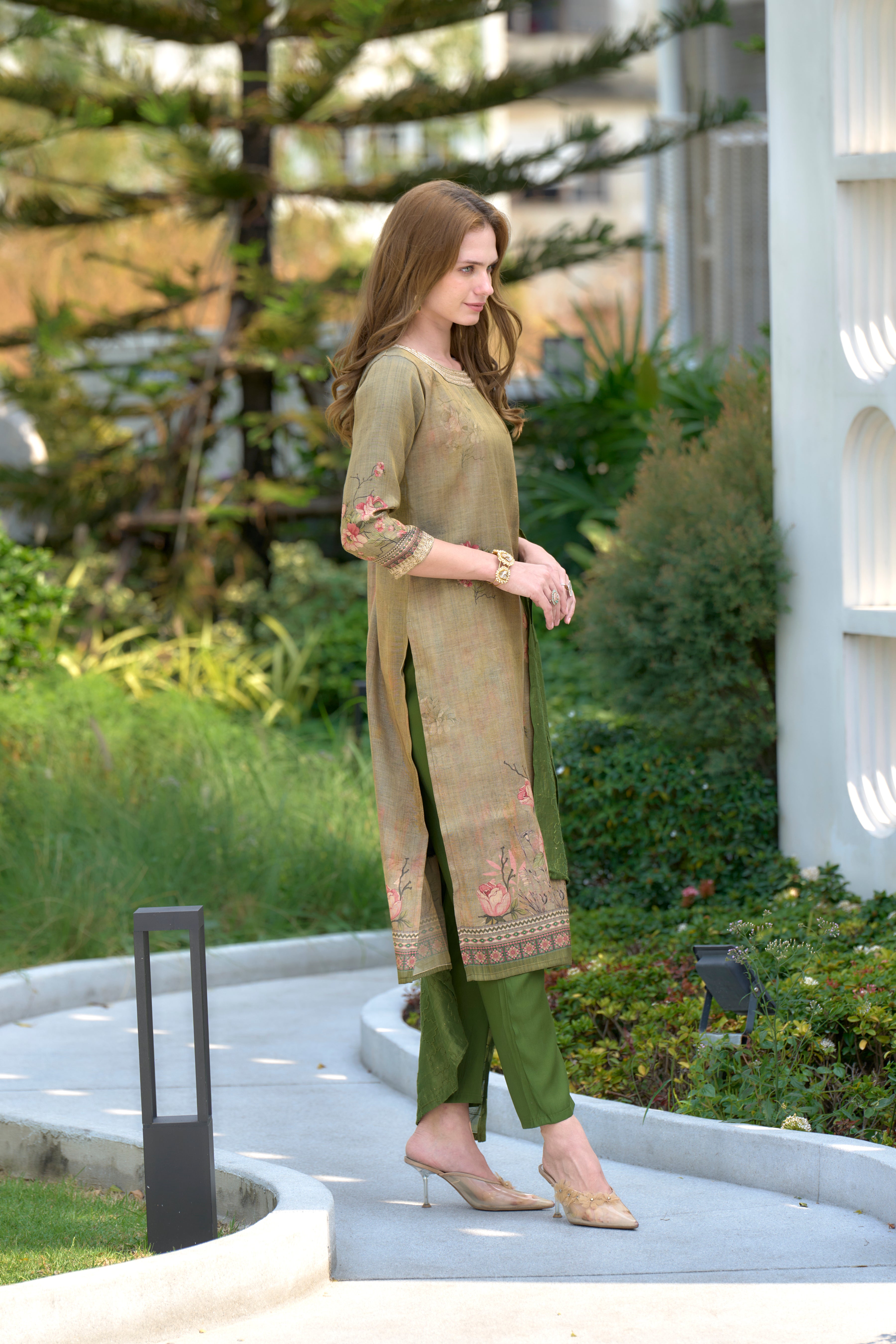 Her Couture Women's Bronze Tissue Silk Embroidered Straight Kurta With Pant & Printed Dupatta