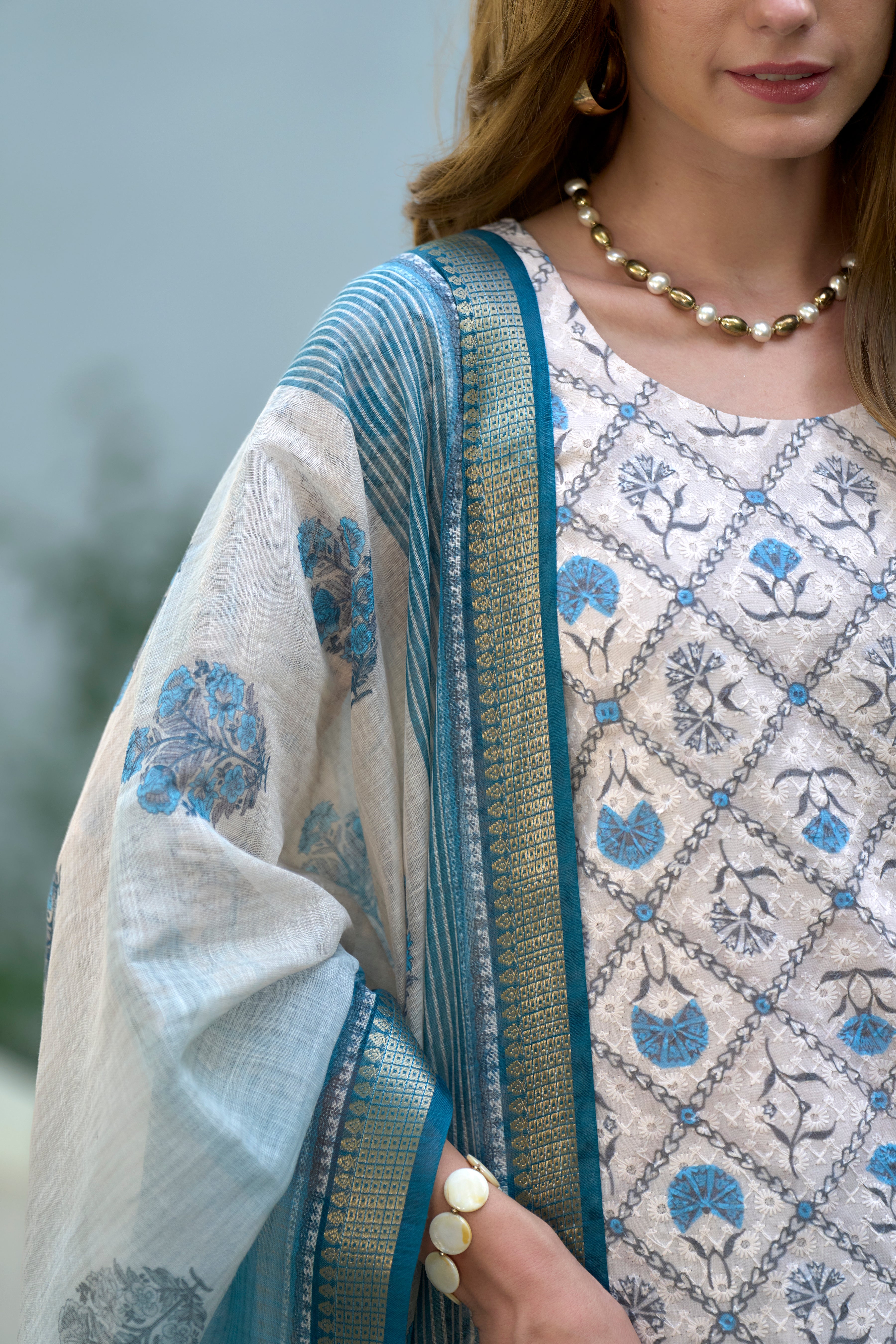 Her Couture Women's Blue Cotton Floral & Leaf Straight Kurta With Pant & Printed Dupatta