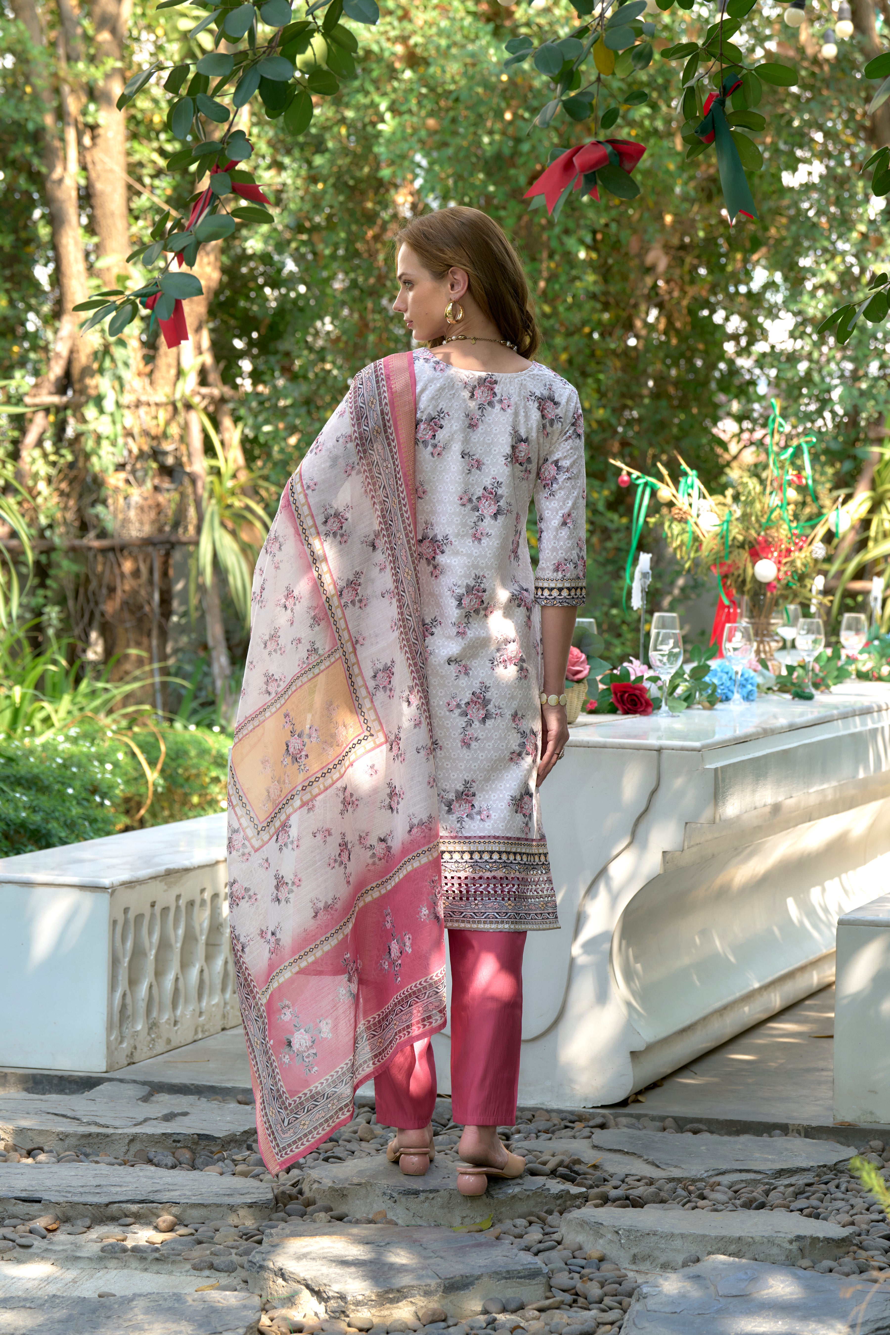 Her Couture Women's Pink Cotton Floral & Leaf Straight Kurta With Pant & Printed Dupatta