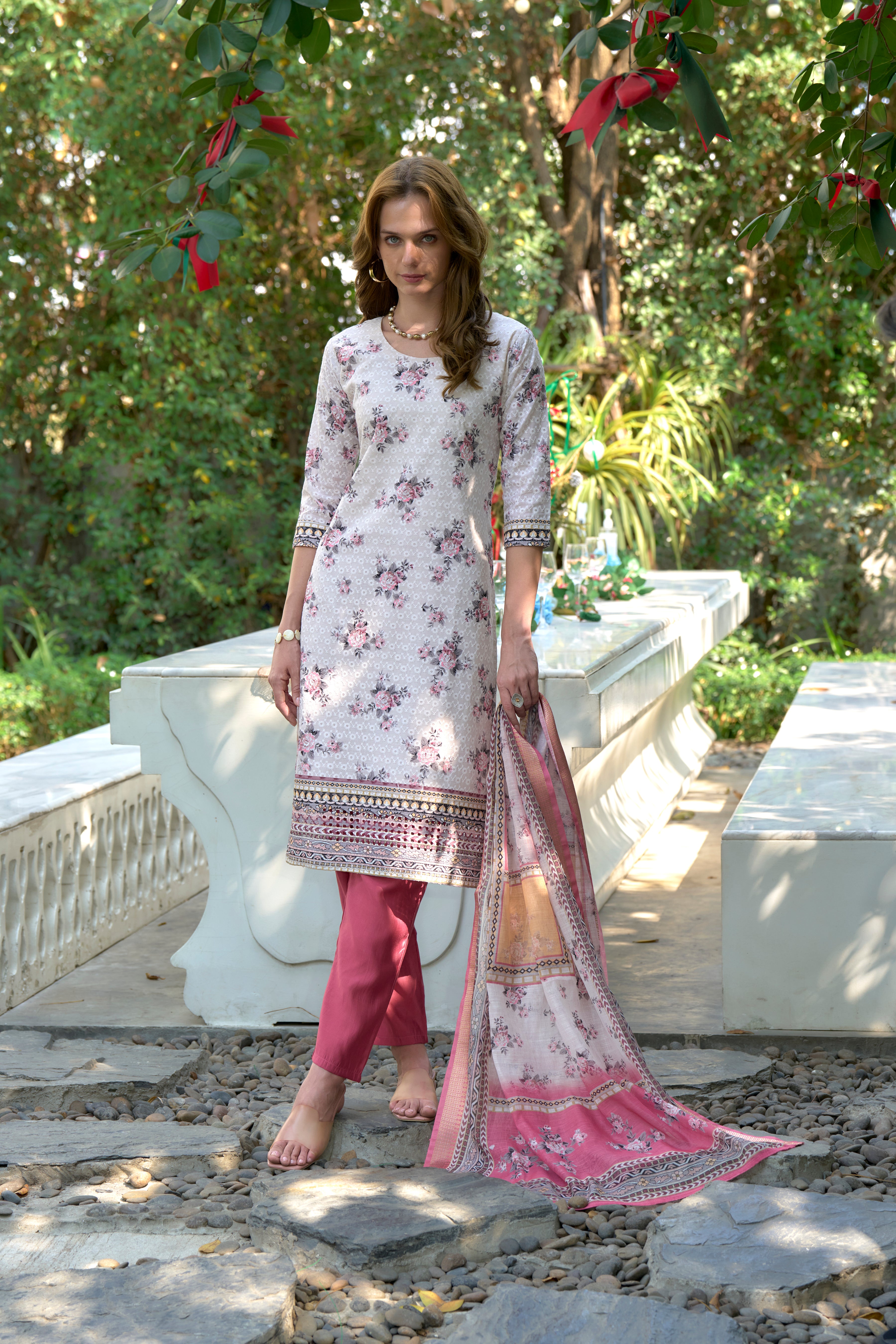 Her Couture Women's Pink Cotton Floral & Leaf Straight Kurta With Pant & Printed Dupatta