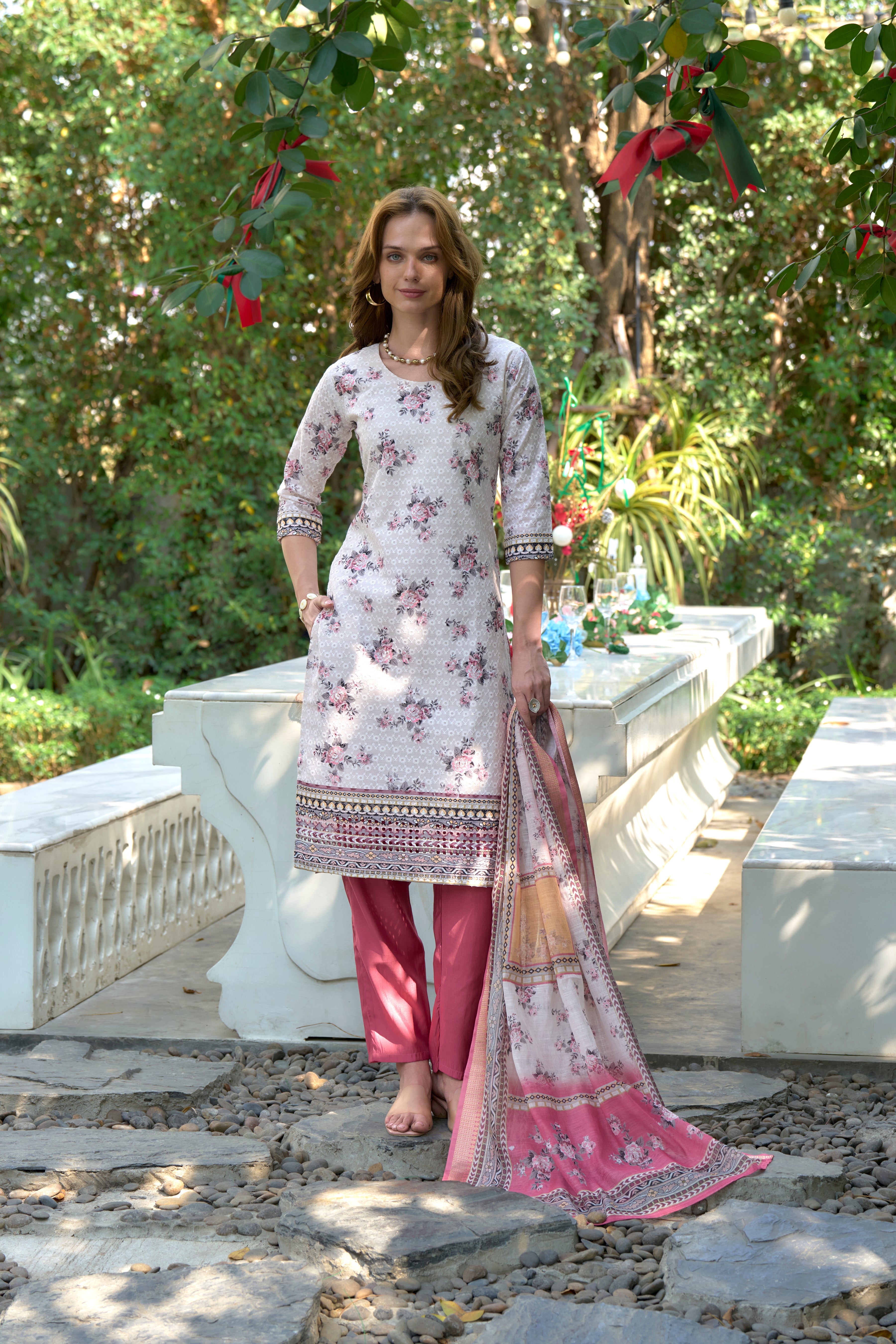 Her Couture Women's Pink Cotton Floral & Leaf Straight Kurta With Pant & Printed Dupatta