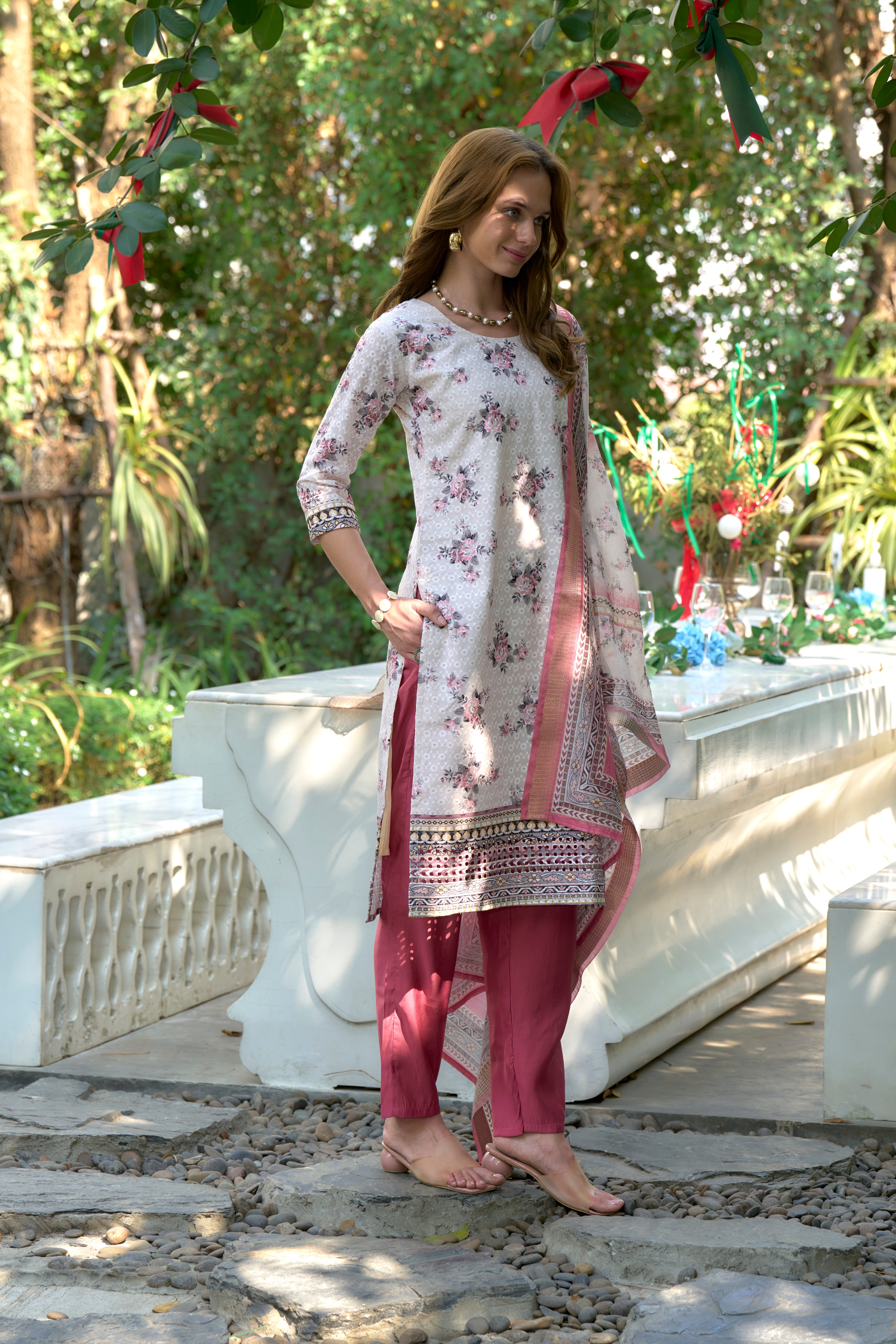 Her Couture Women's Pink Cotton Floral & Leaf Straight Kurta With Pant & Printed Dupatta