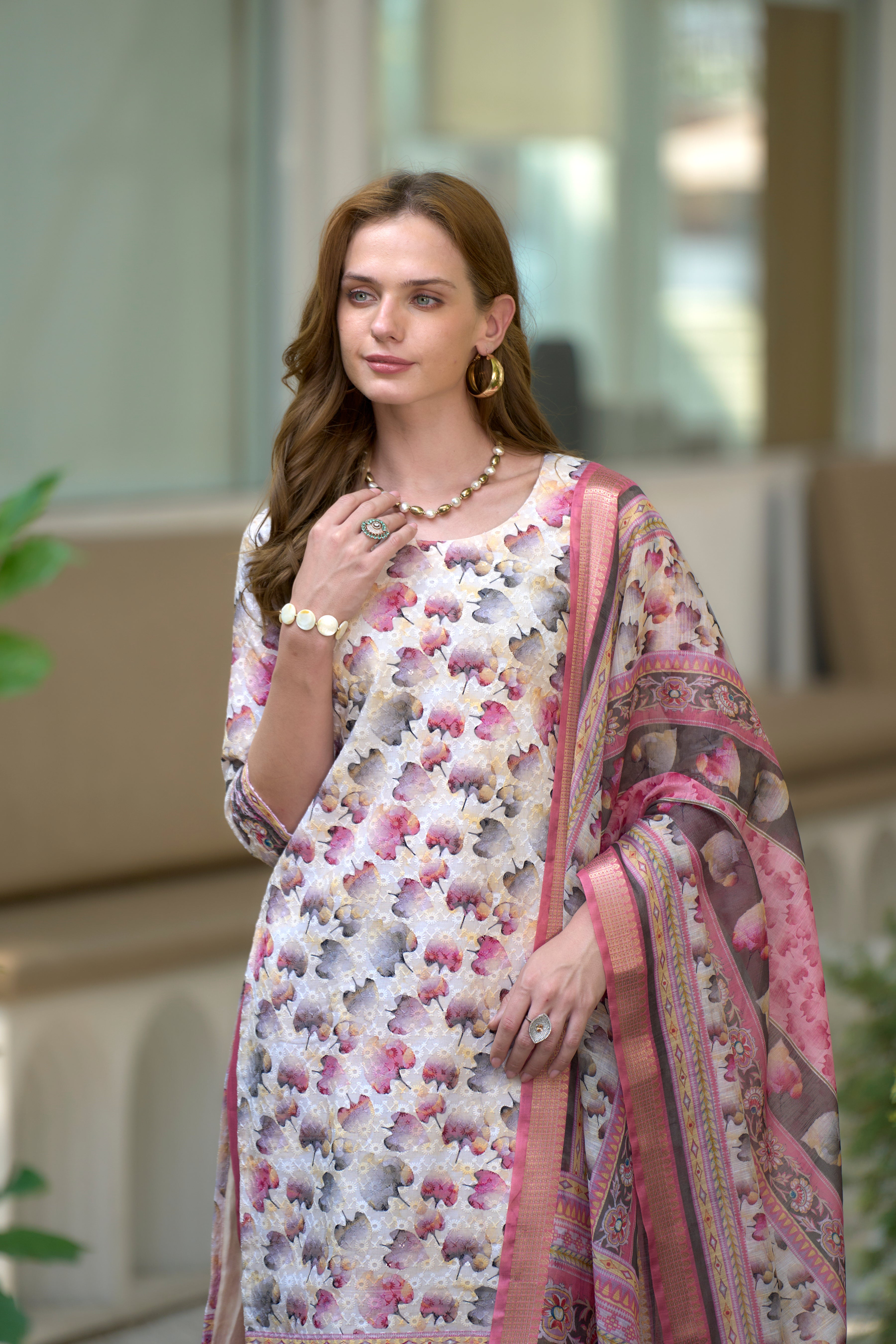 Her Couture Women's White Cotton Botanical Print Straight Kurta With Pant & Printed Dupatta
