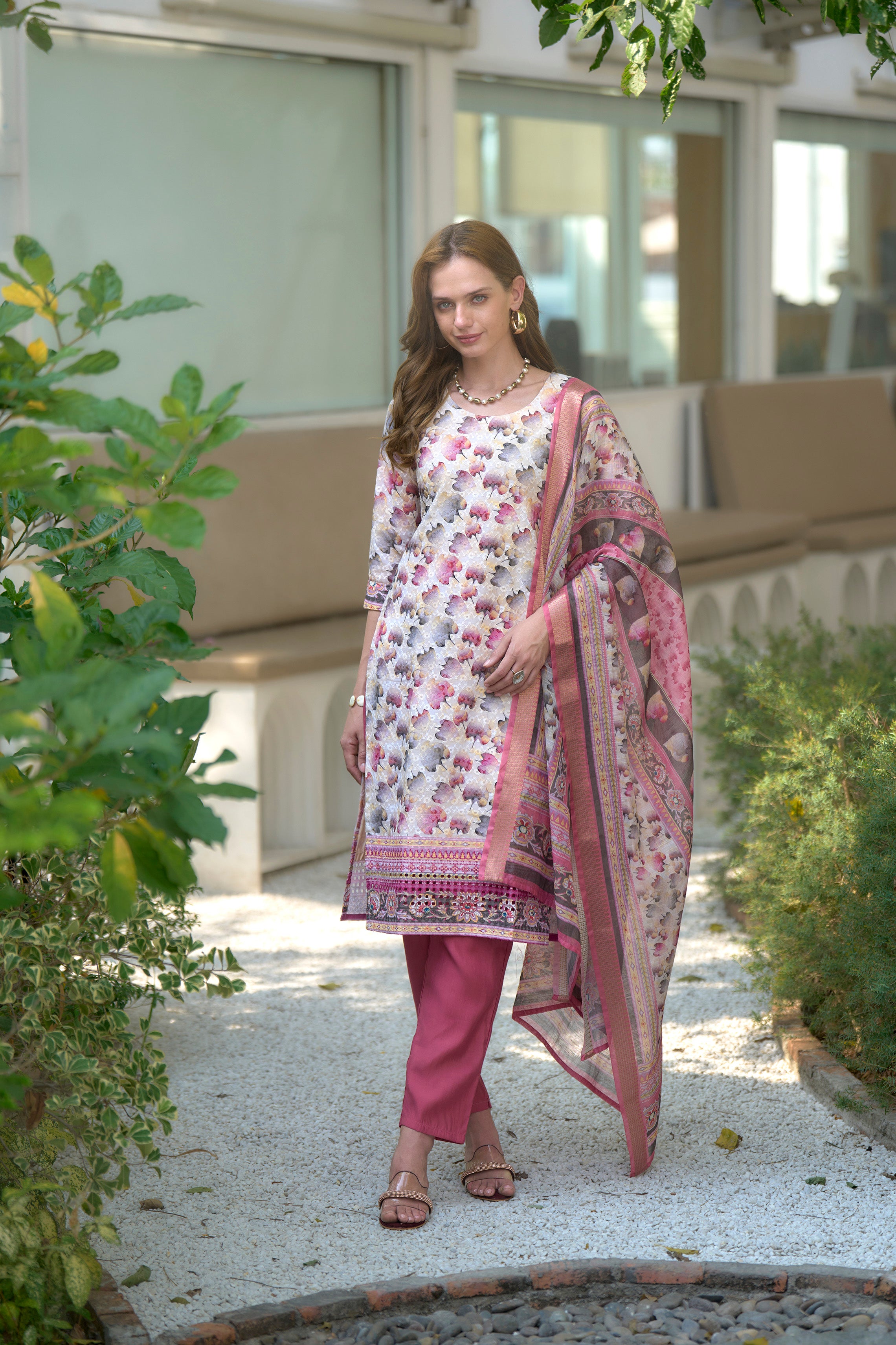 Her Couture Women's White Cotton Botanical Print Straight Kurta With Pant & Printed Dupatta