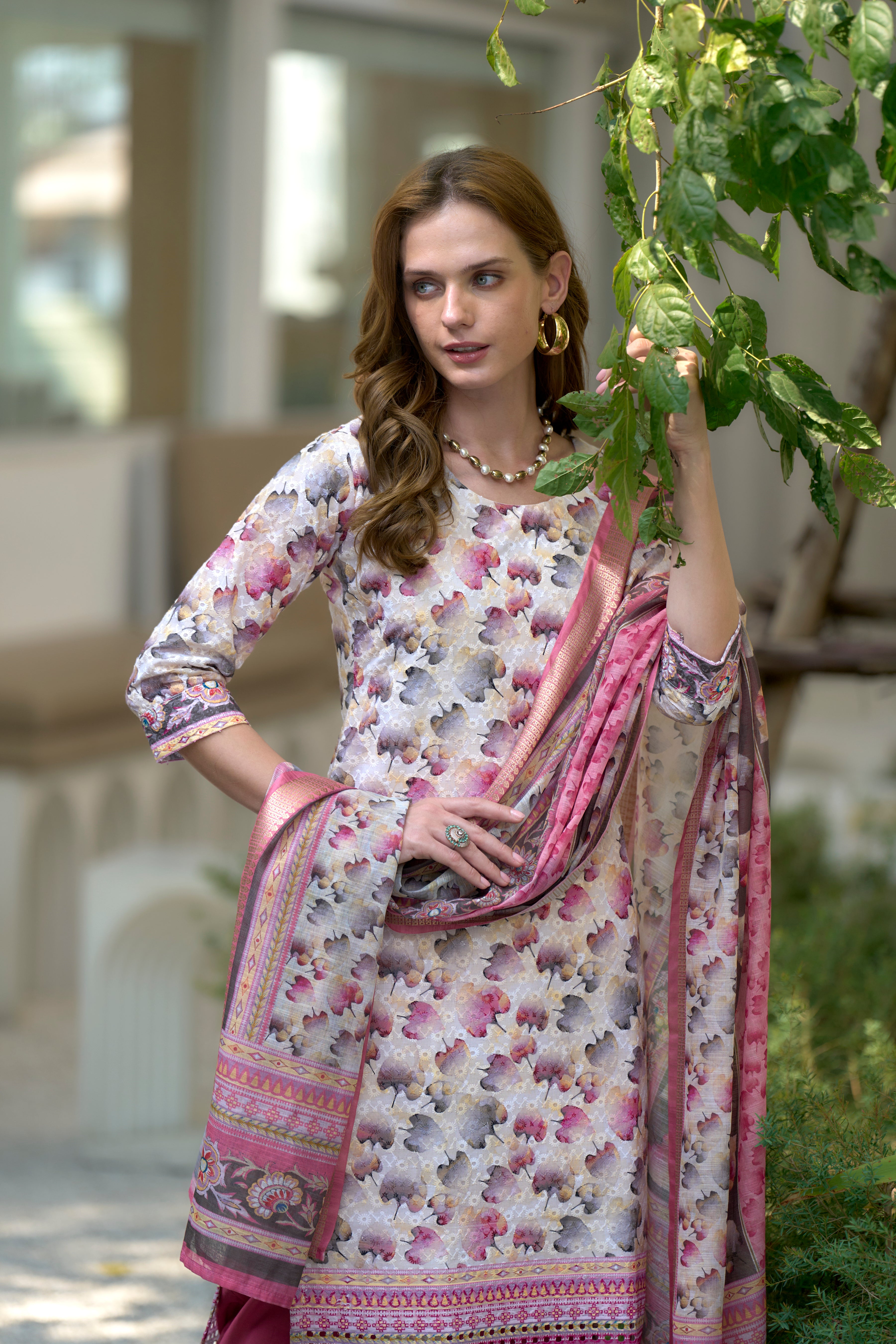 Her Couture Women's White Cotton Botanical Print Straight Kurta With Pant & Printed Dupatta