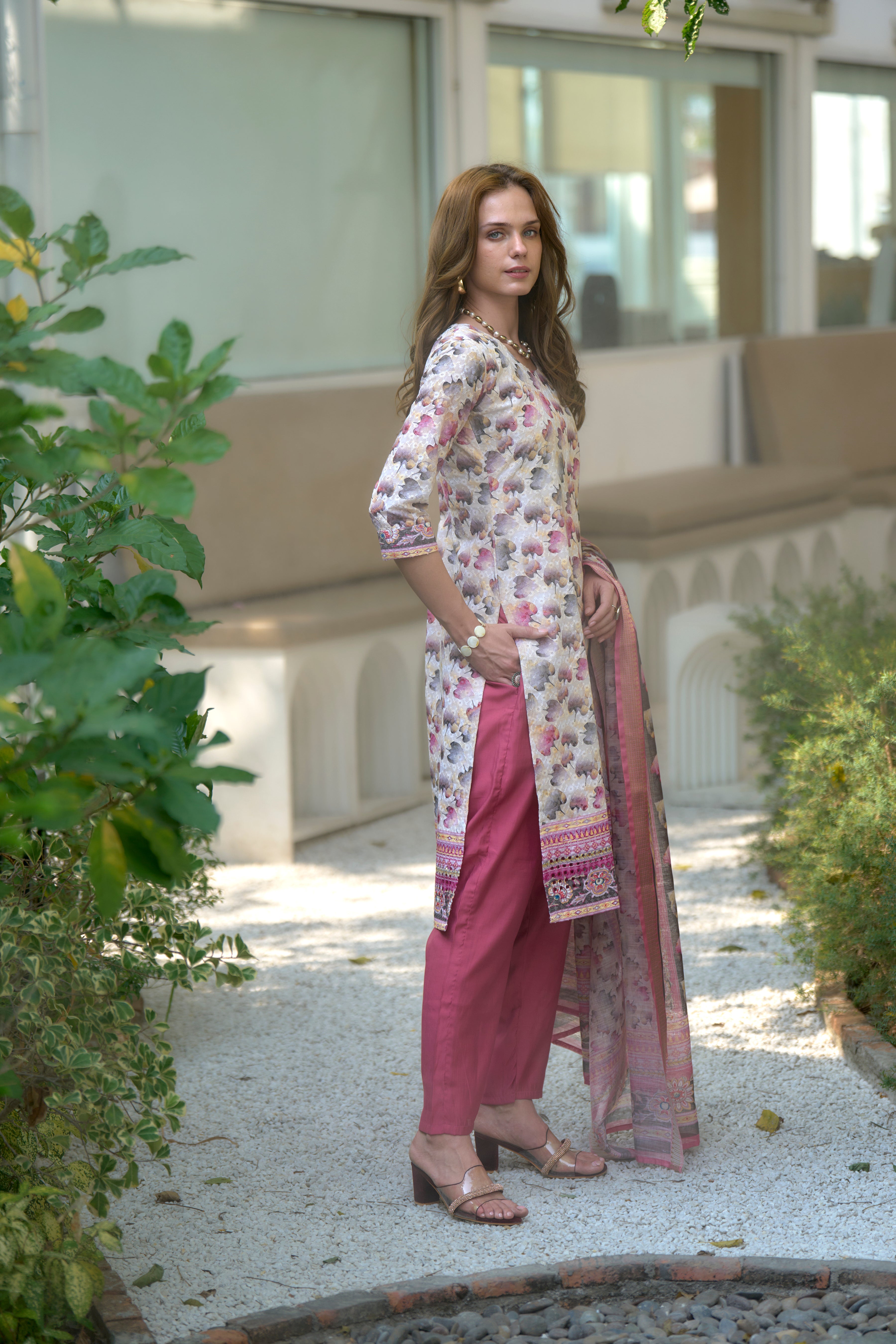Her Couture Women's White Cotton Botanical Print Straight Kurta With Pant & Printed Dupatta