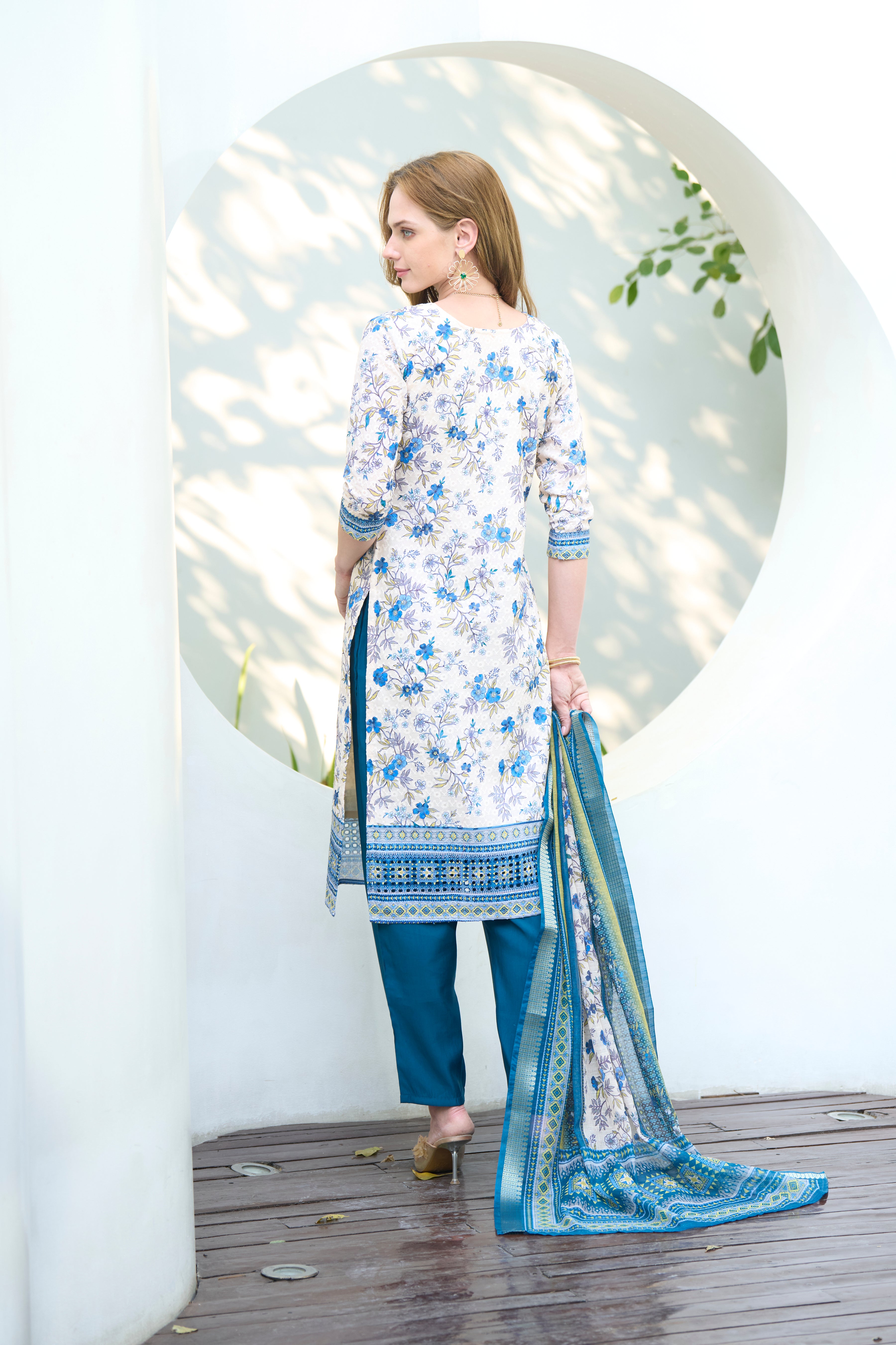 Her Couture Women's White Cotton Botanical Print Straight Kurta With Pant & Printed Dupatta
