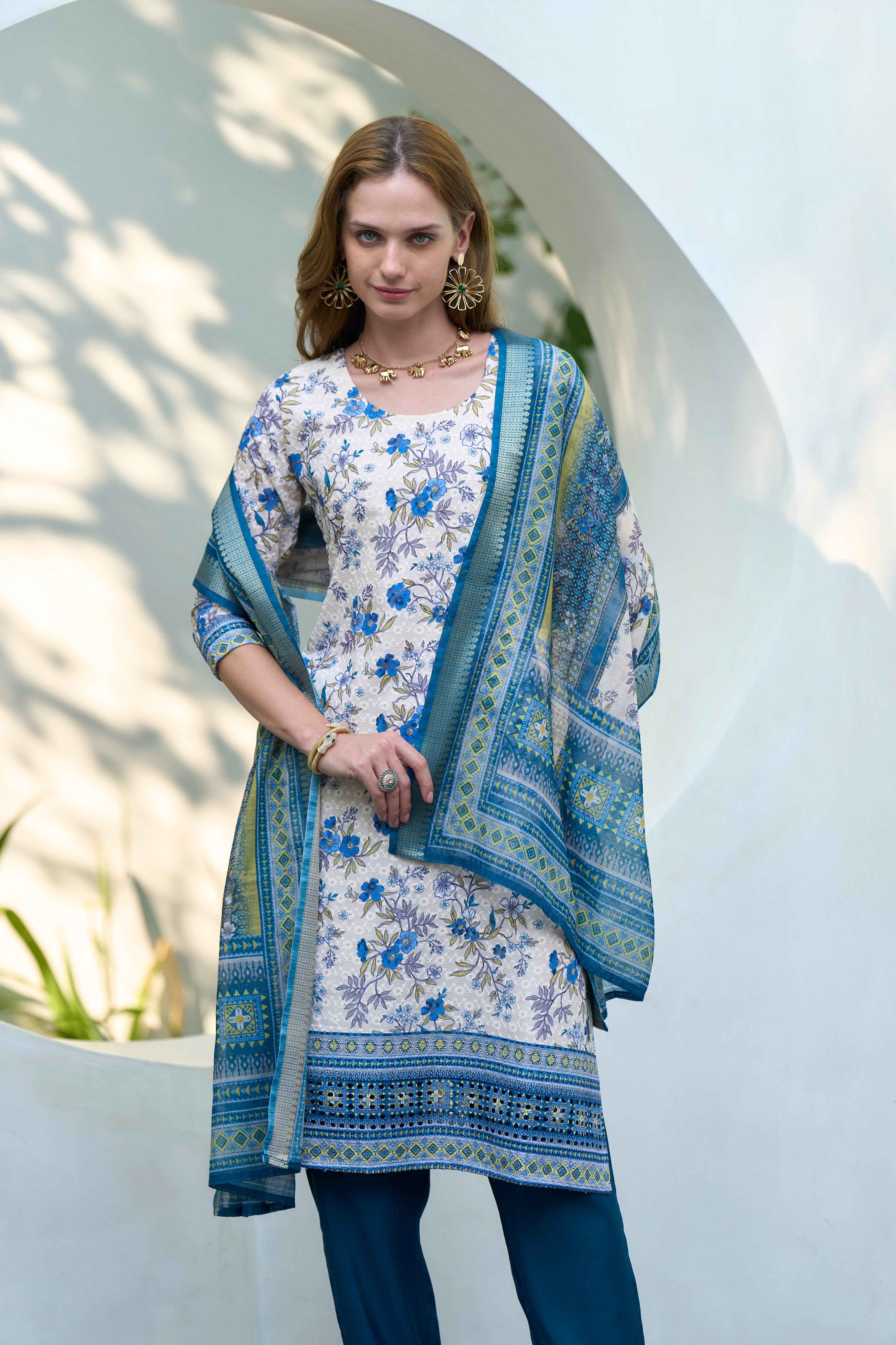 Her Couture Women's White Cotton Botanical Print Straight Kurta With Pant & Printed Dupatta
