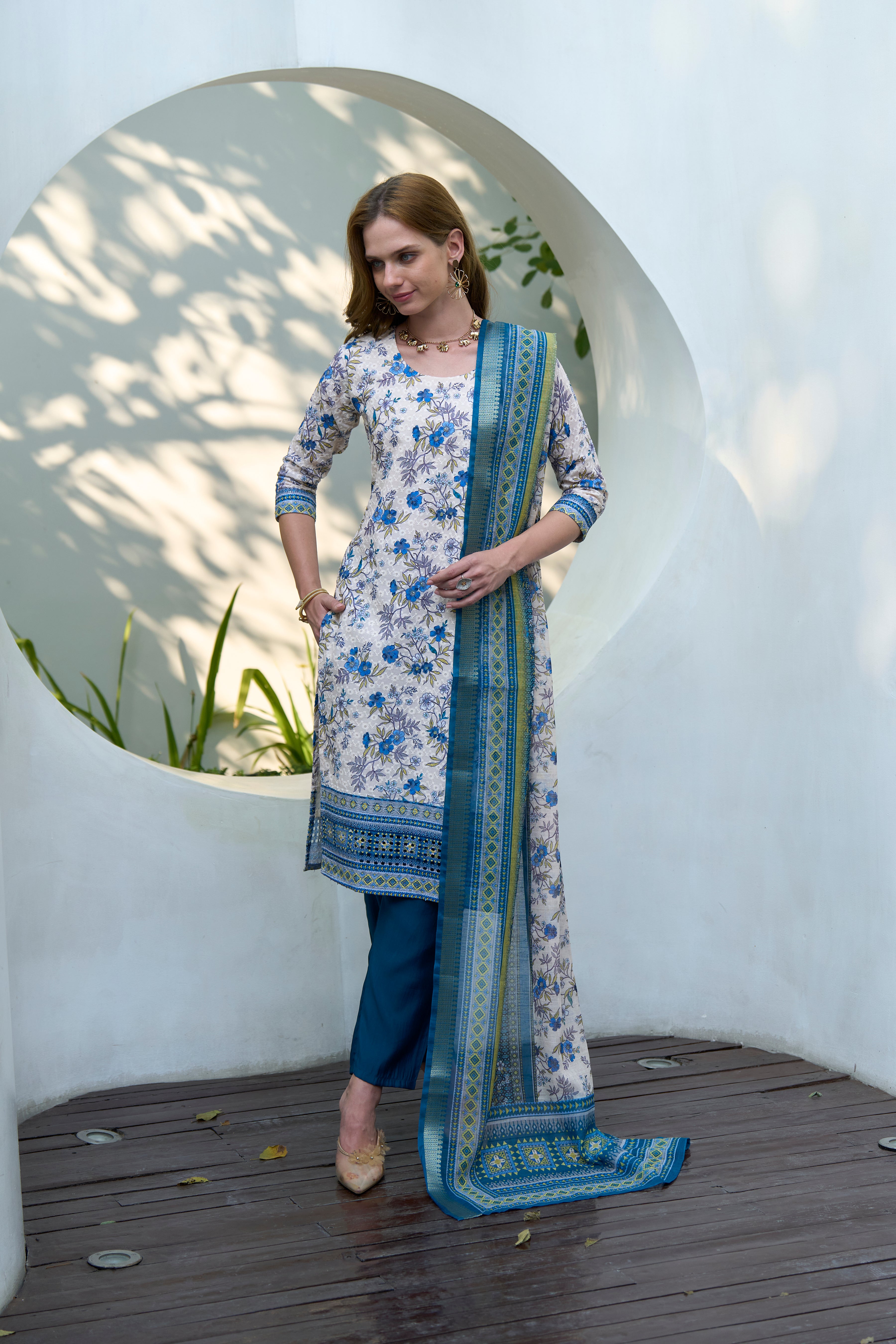 Her Couture Women's White Cotton Botanical Print Straight Kurta With Pant & Printed Dupatta