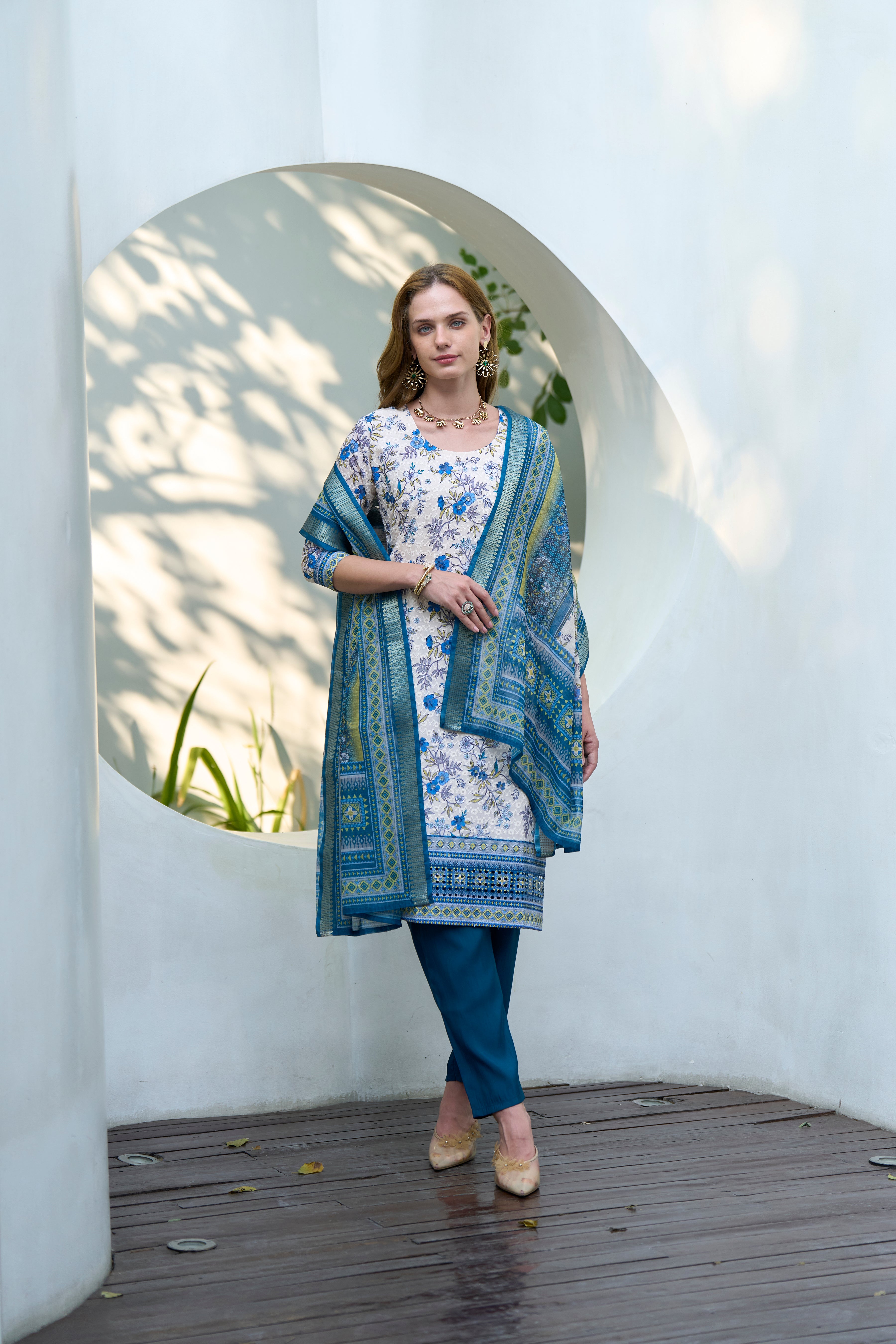 Her Couture Women's White Cotton Botanical Print Straight Kurta With Pant & Printed Dupatta