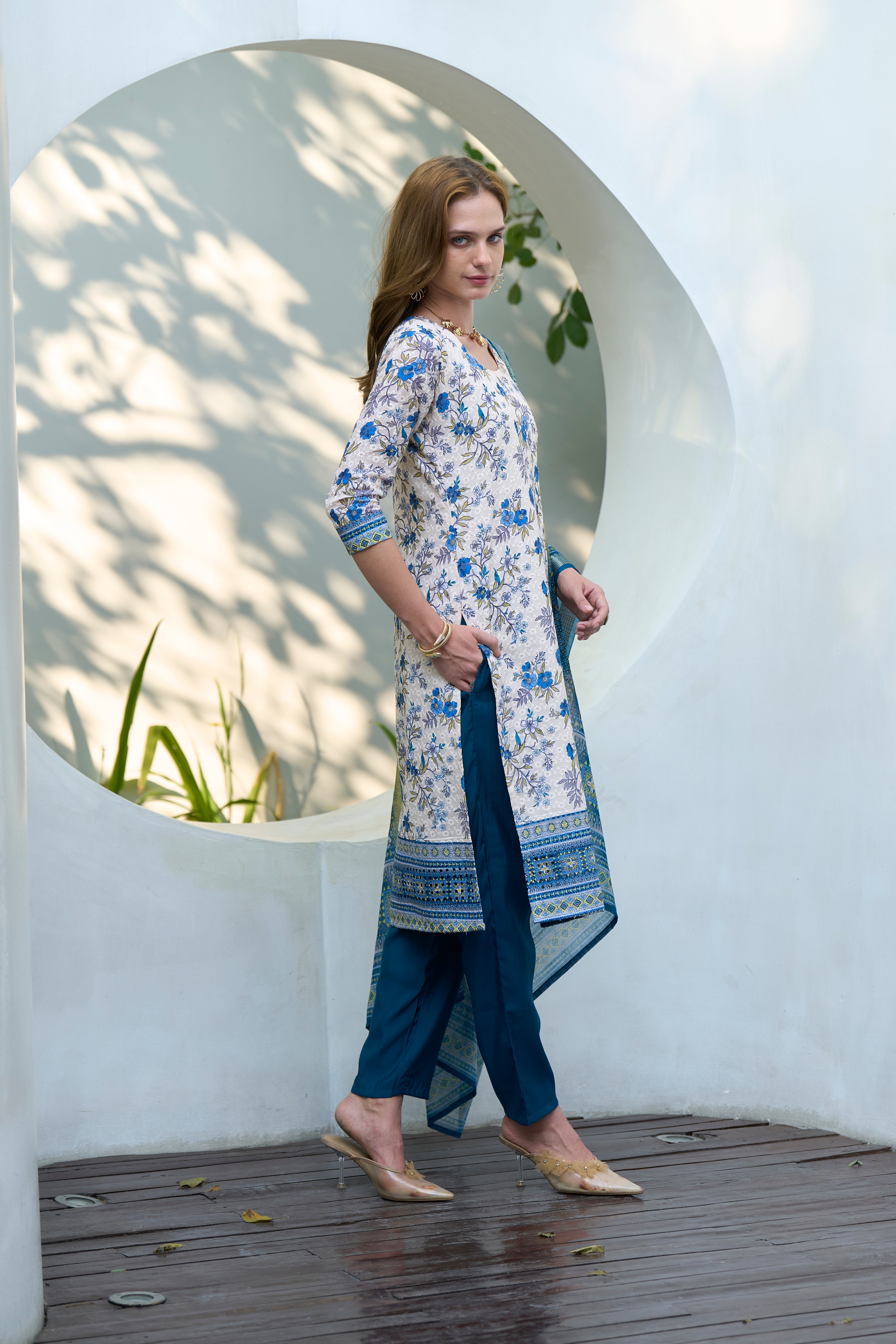 Her Couture Women's White Cotton Botanical Print Straight Kurta With Pant & Printed Dupatta