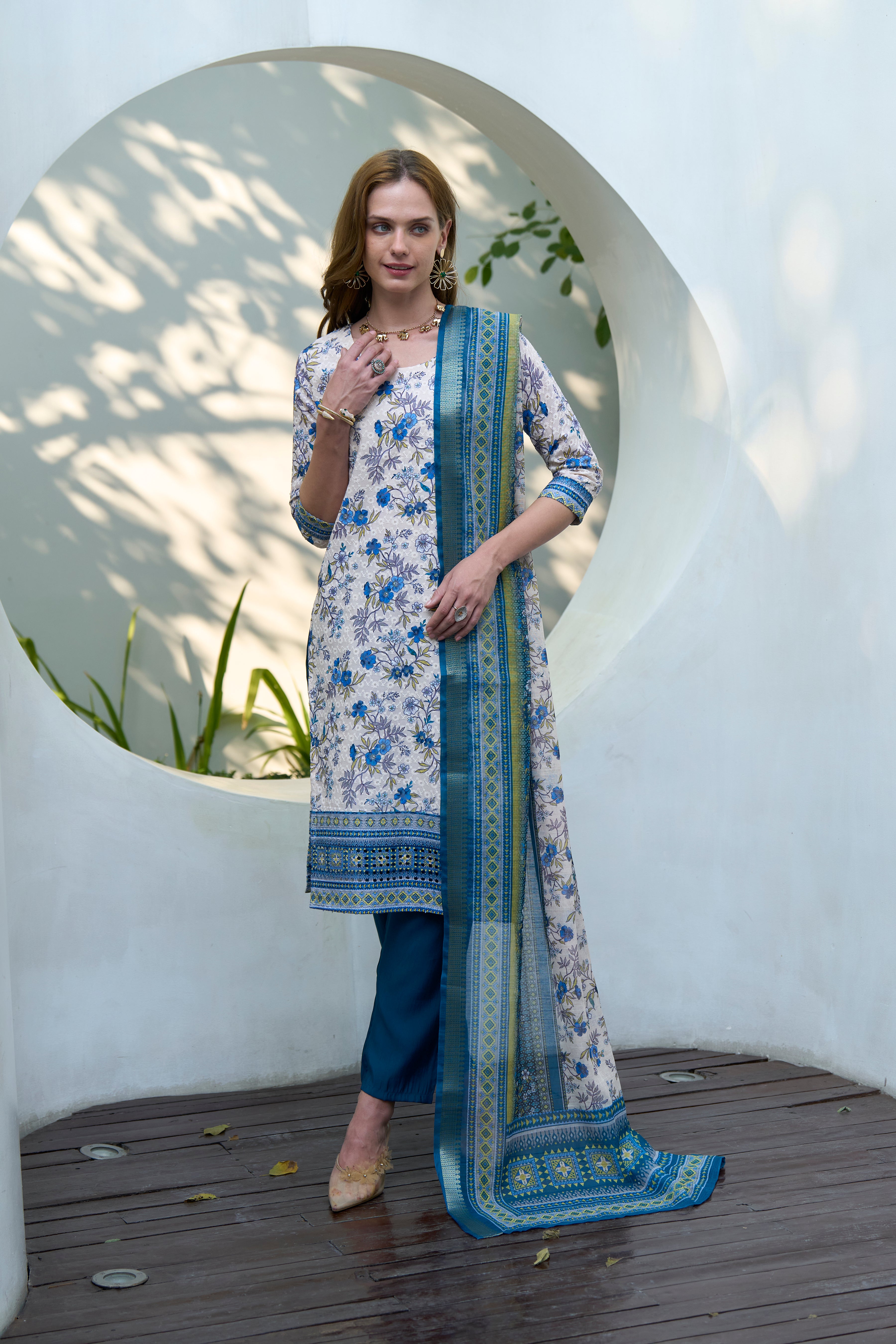 White Cotton Straight Festive & Party Kurta Set by Her Couture