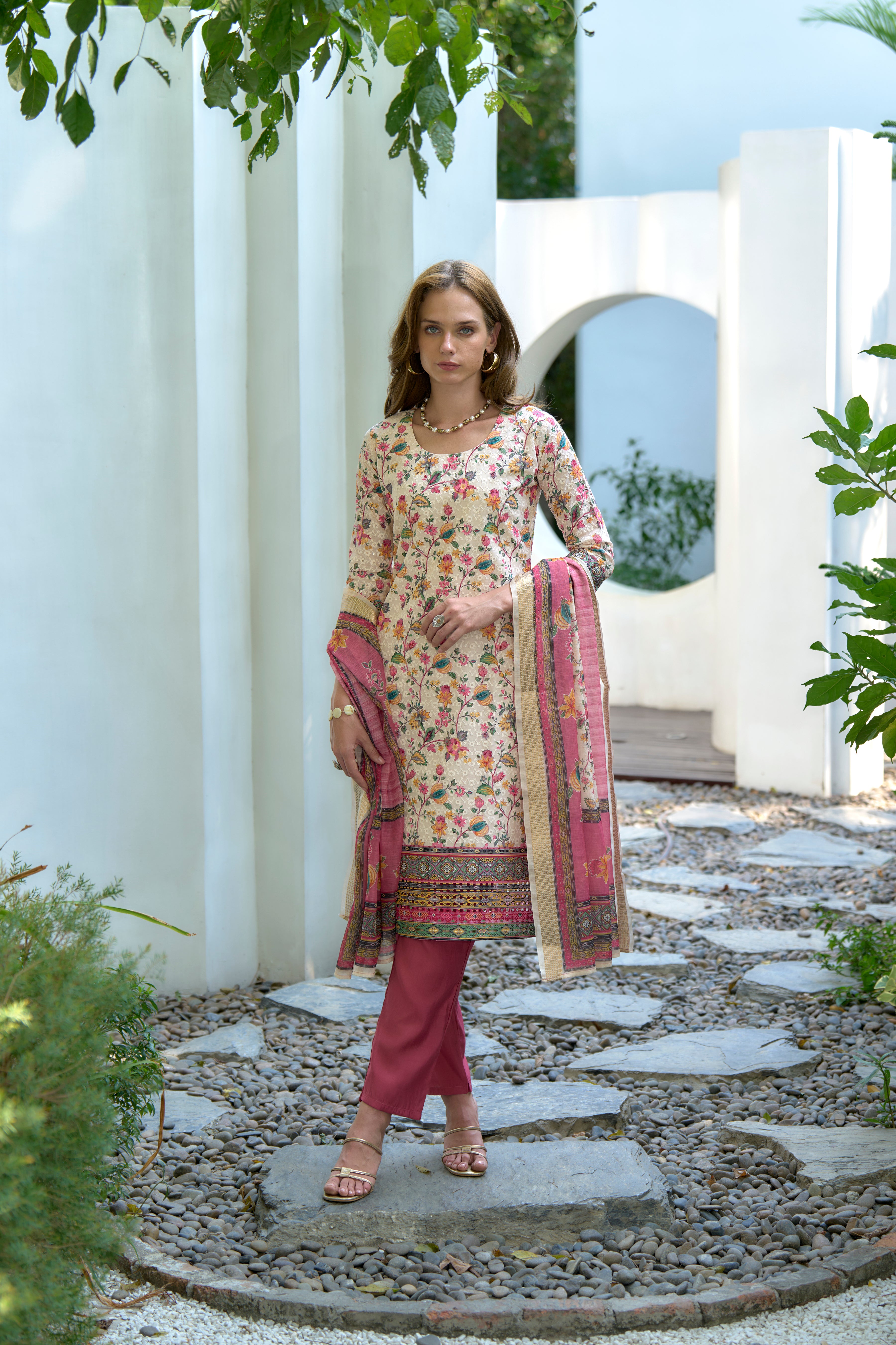 White Cotton Straight Festive & Party Kurta Set by Her Couture