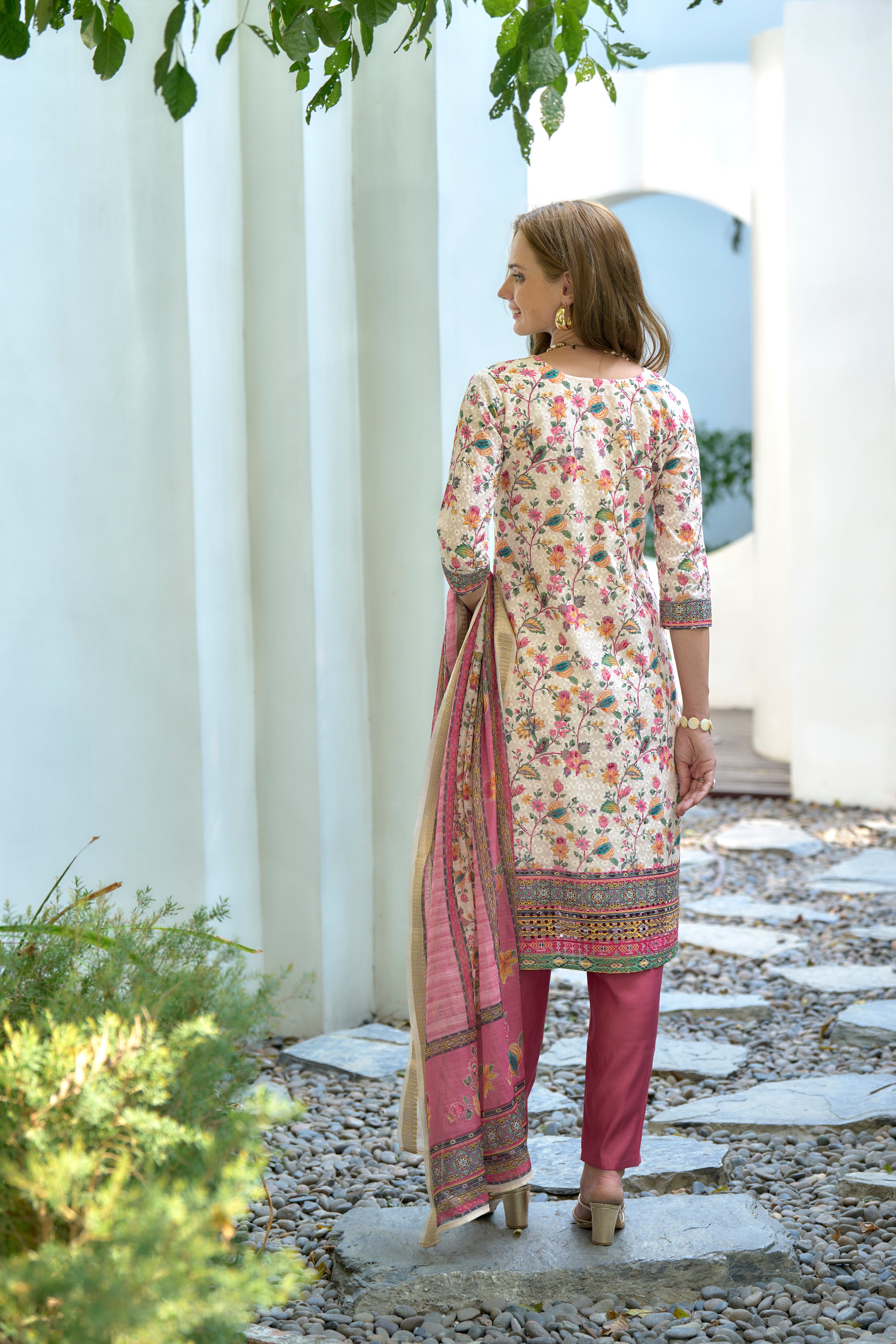 Her Couture Women's White Cotton Botanical Print Straight Kurta With Pant & Printed Dupatta
