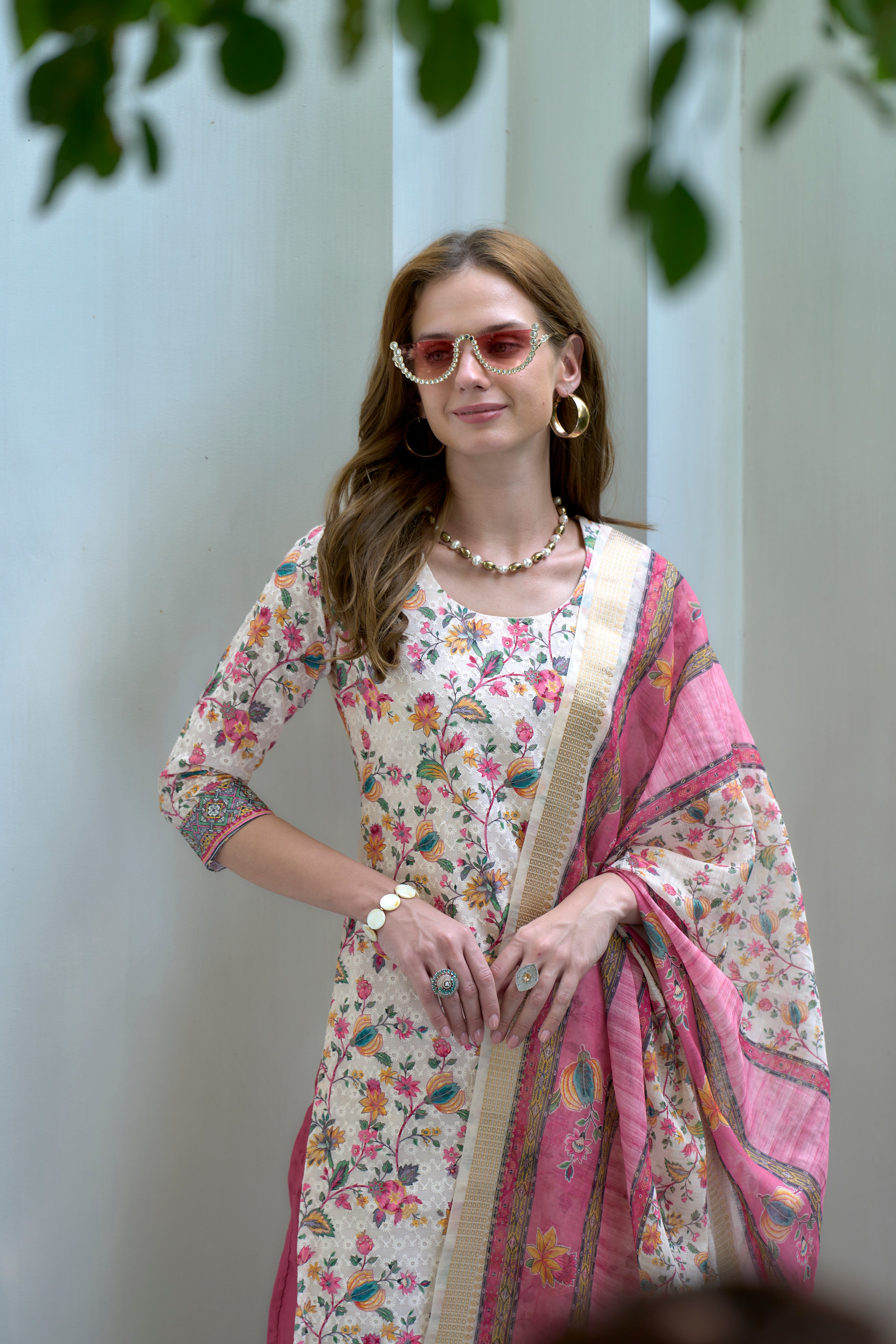 Her Couture Women's White Cotton Botanical Print Straight Kurta With Pant & Printed Dupatta