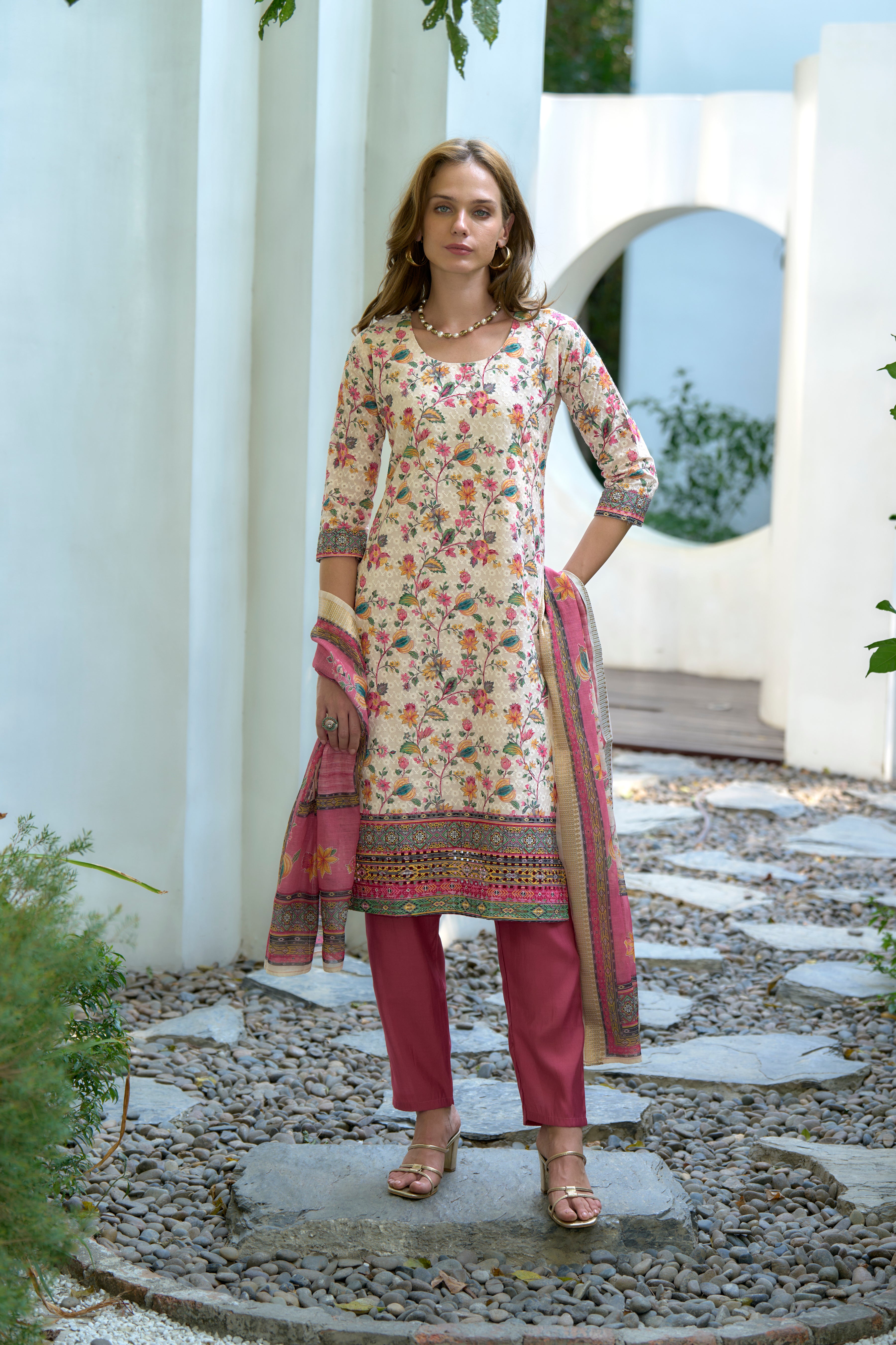 Her Couture Women's White Cotton Botanical Print Straight Kurta With Pant & Printed Dupatta