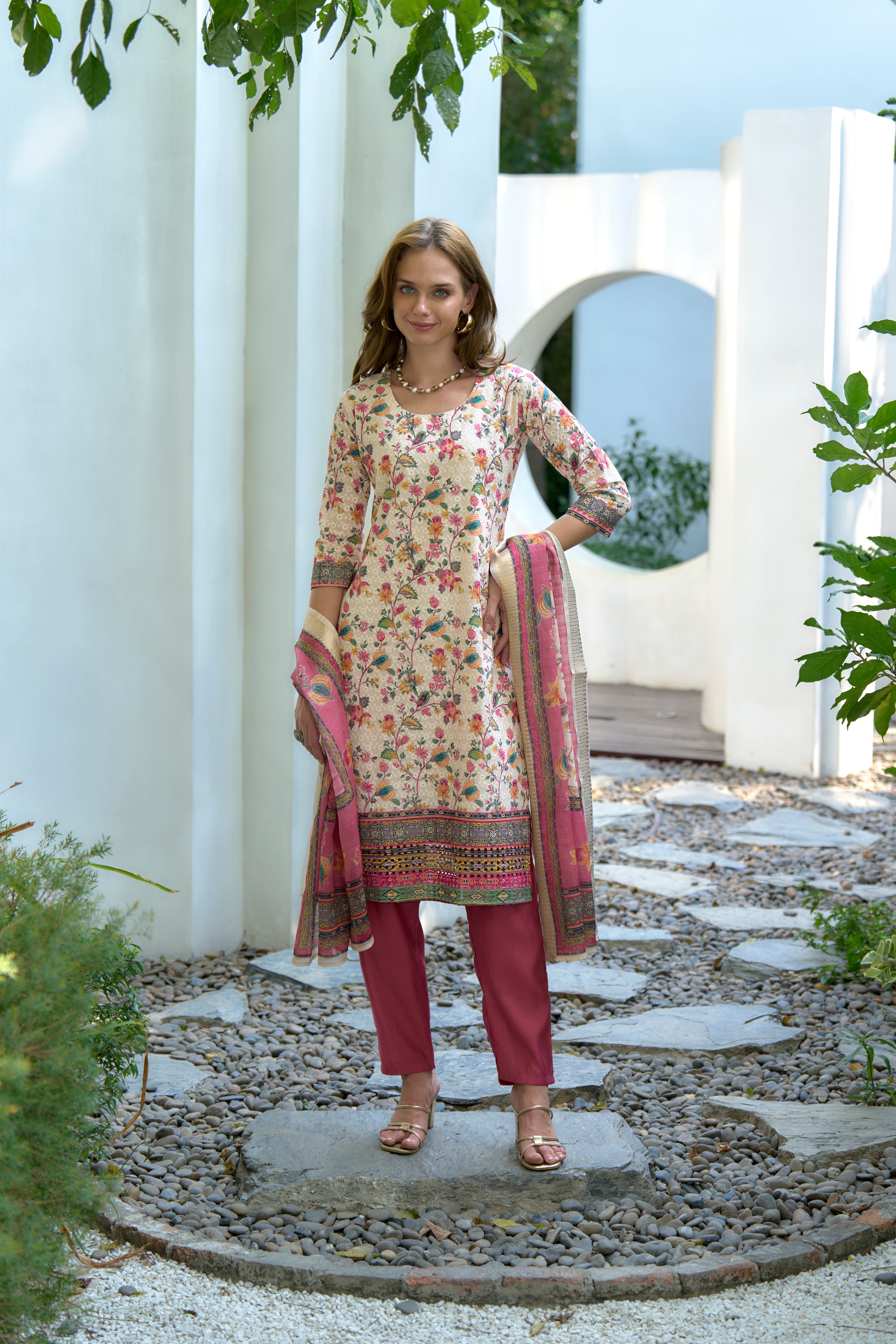 Her Couture Women's White Cotton Botanical Print Straight Kurta With Pant & Printed Dupatta