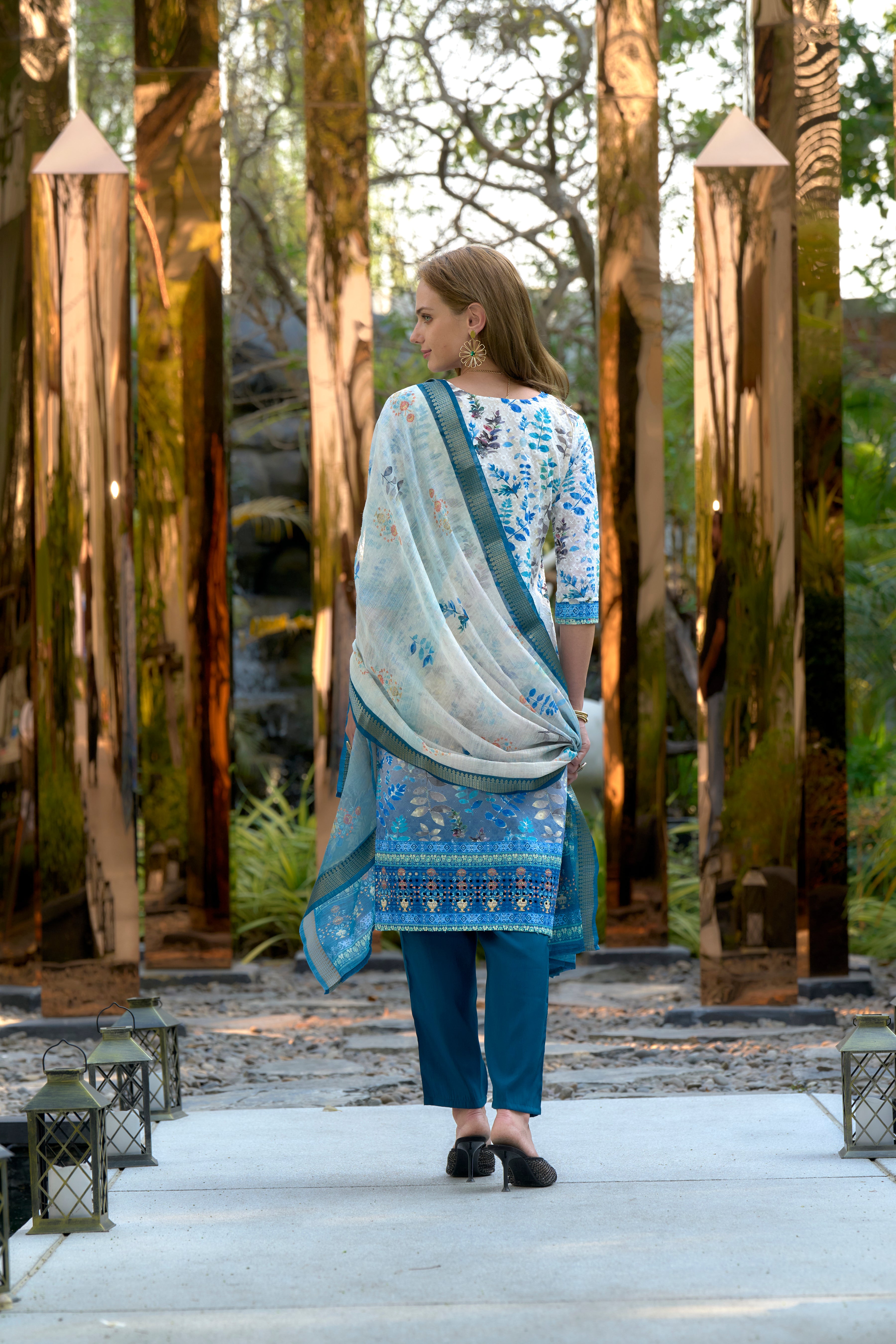 Her Couture Women's White Cotton Botanical Print Straight Kurta With Pant & Printed Dupatta