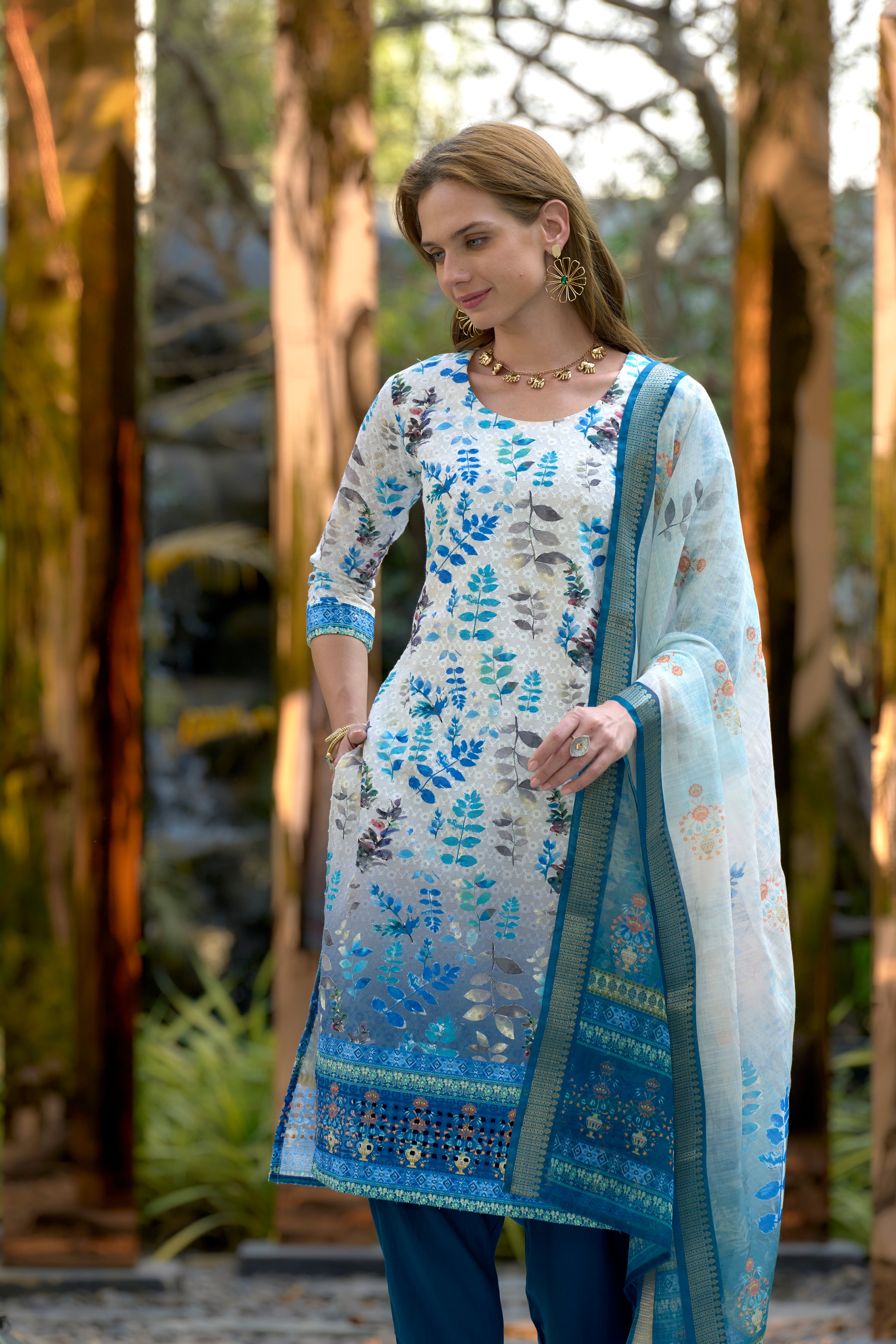 Her Couture Women's White Cotton Botanical Print Straight Kurta With Pant & Printed Dupatta