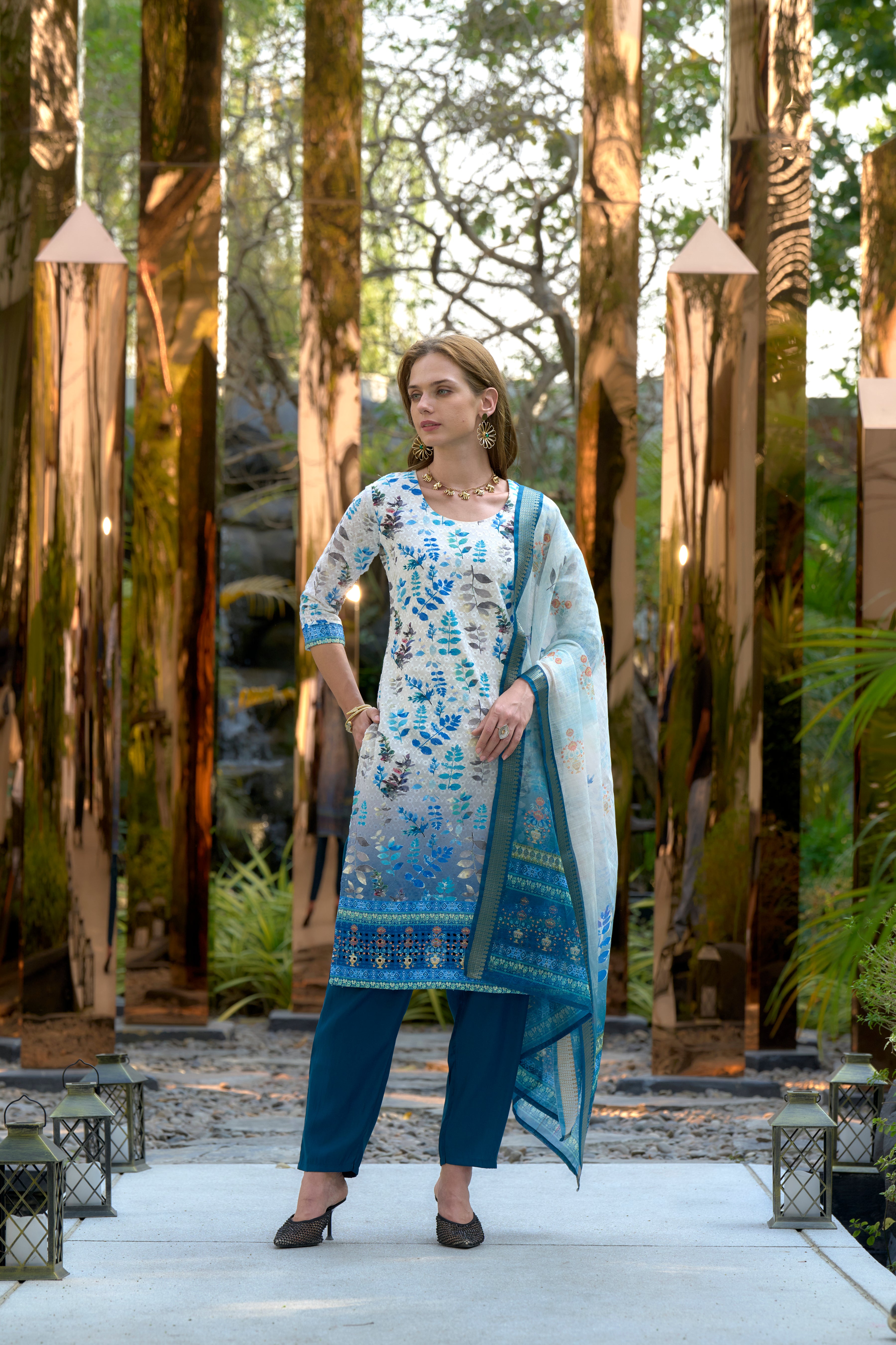Her Couture Women's White Cotton Botanical Print Straight Kurta With Pant & Printed Dupatta