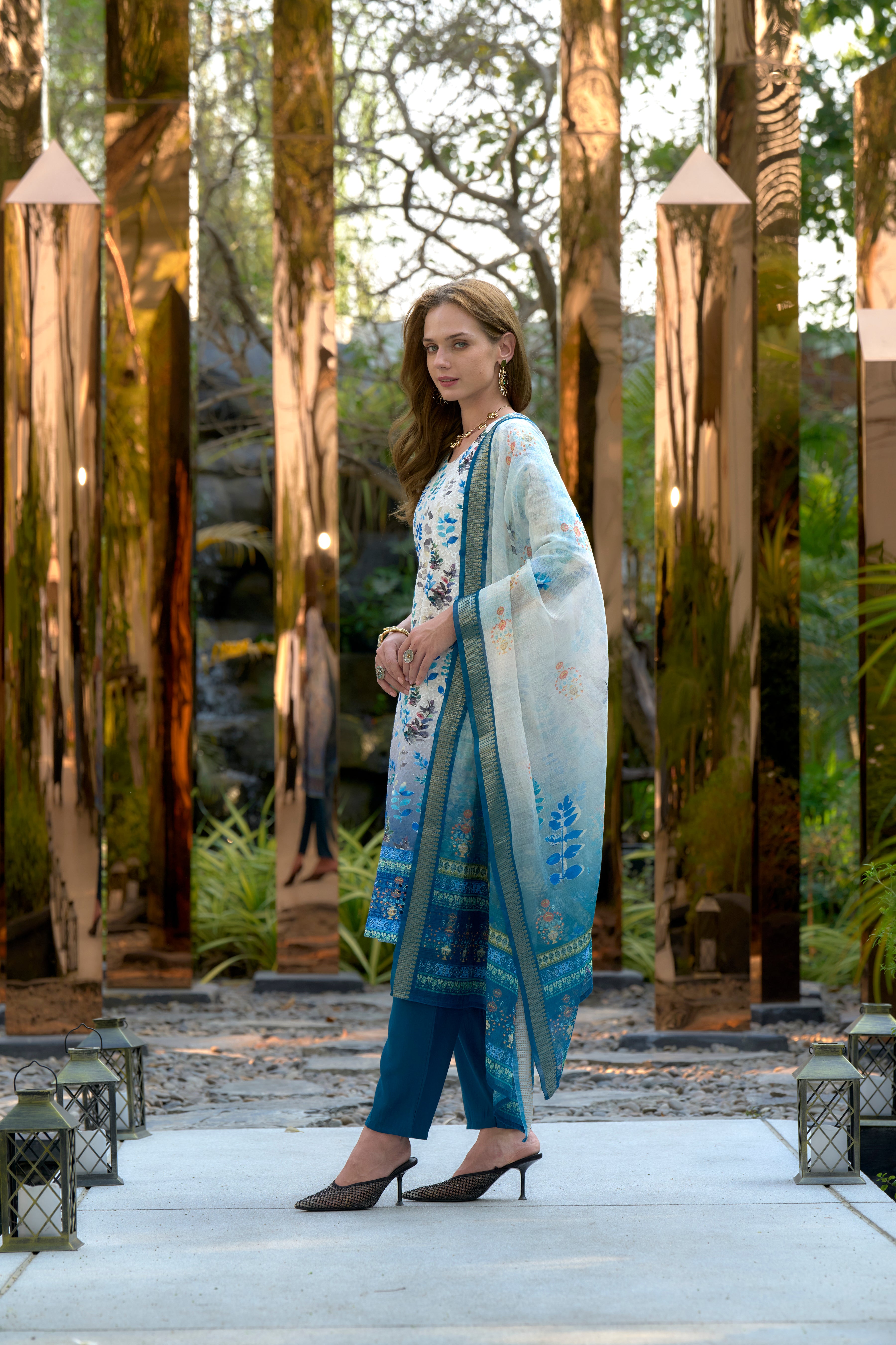 Her Couture Women's White Cotton Botanical Print Straight Kurta With Pant & Printed Dupatta