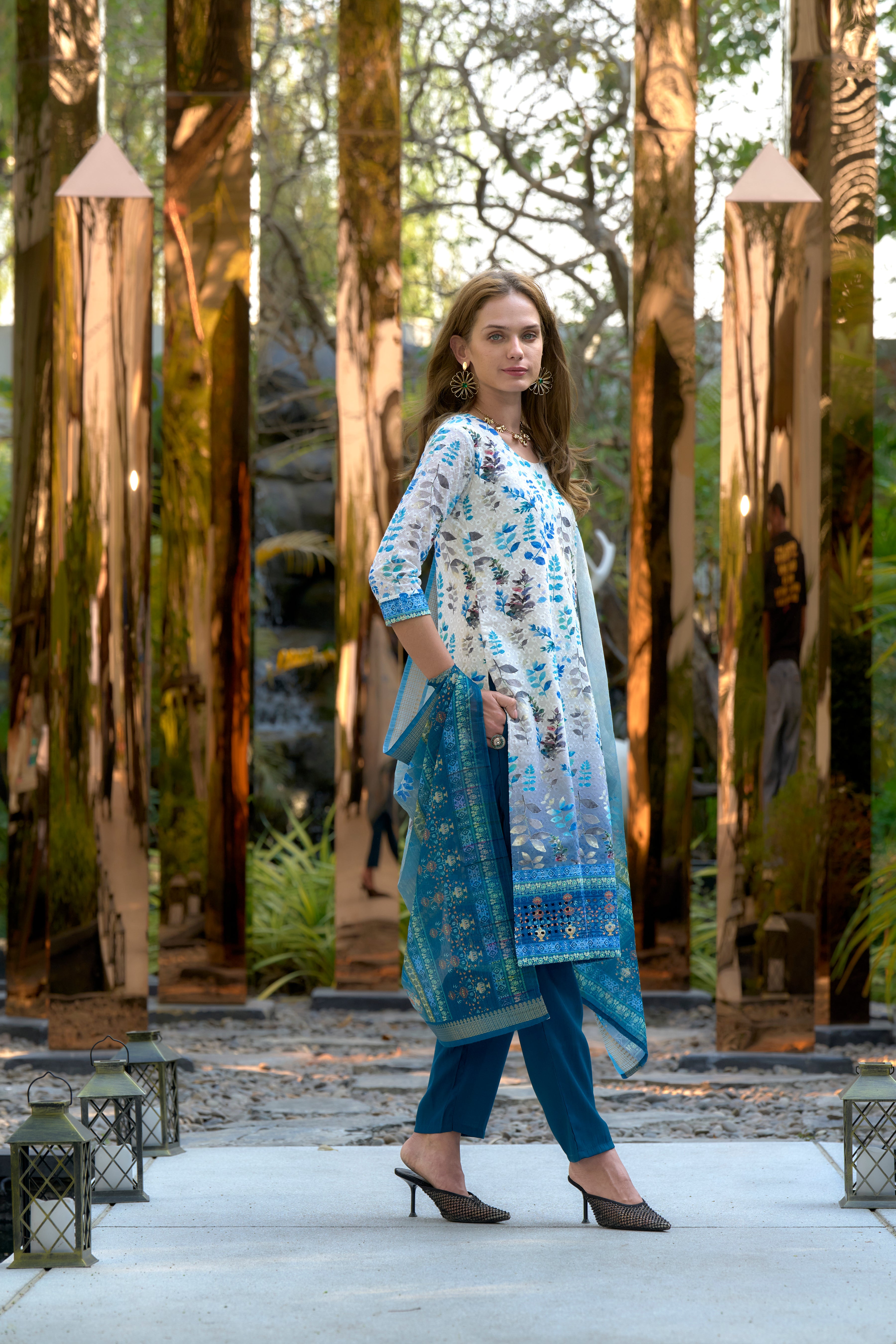 Her Couture Women's White Cotton Botanical Print Straight Kurta With Pant & Printed Dupatta
