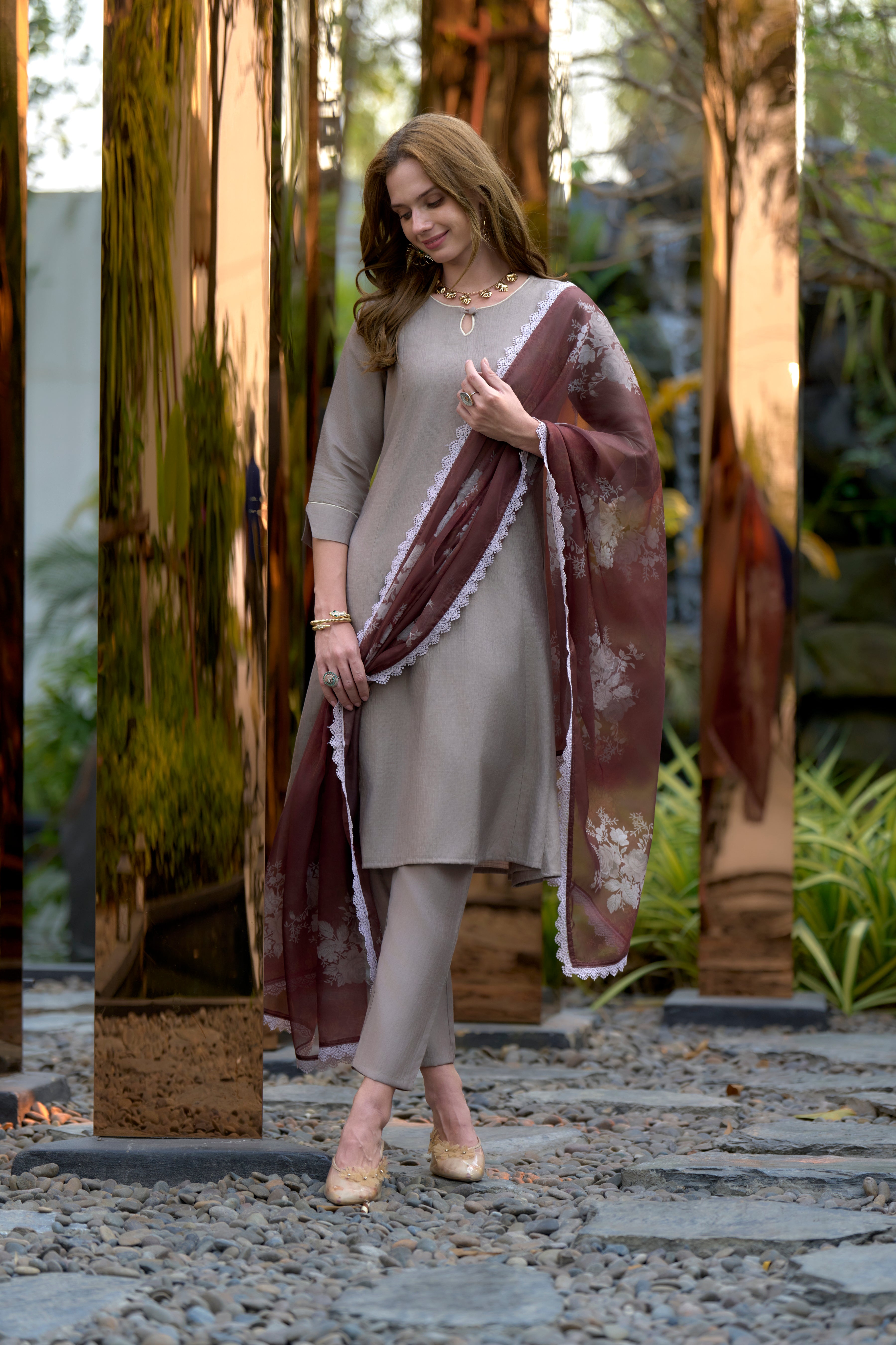 Her Couture Women's Grey Vatican Silk Solid Straight Kurta With Pant & Printed Dupatta