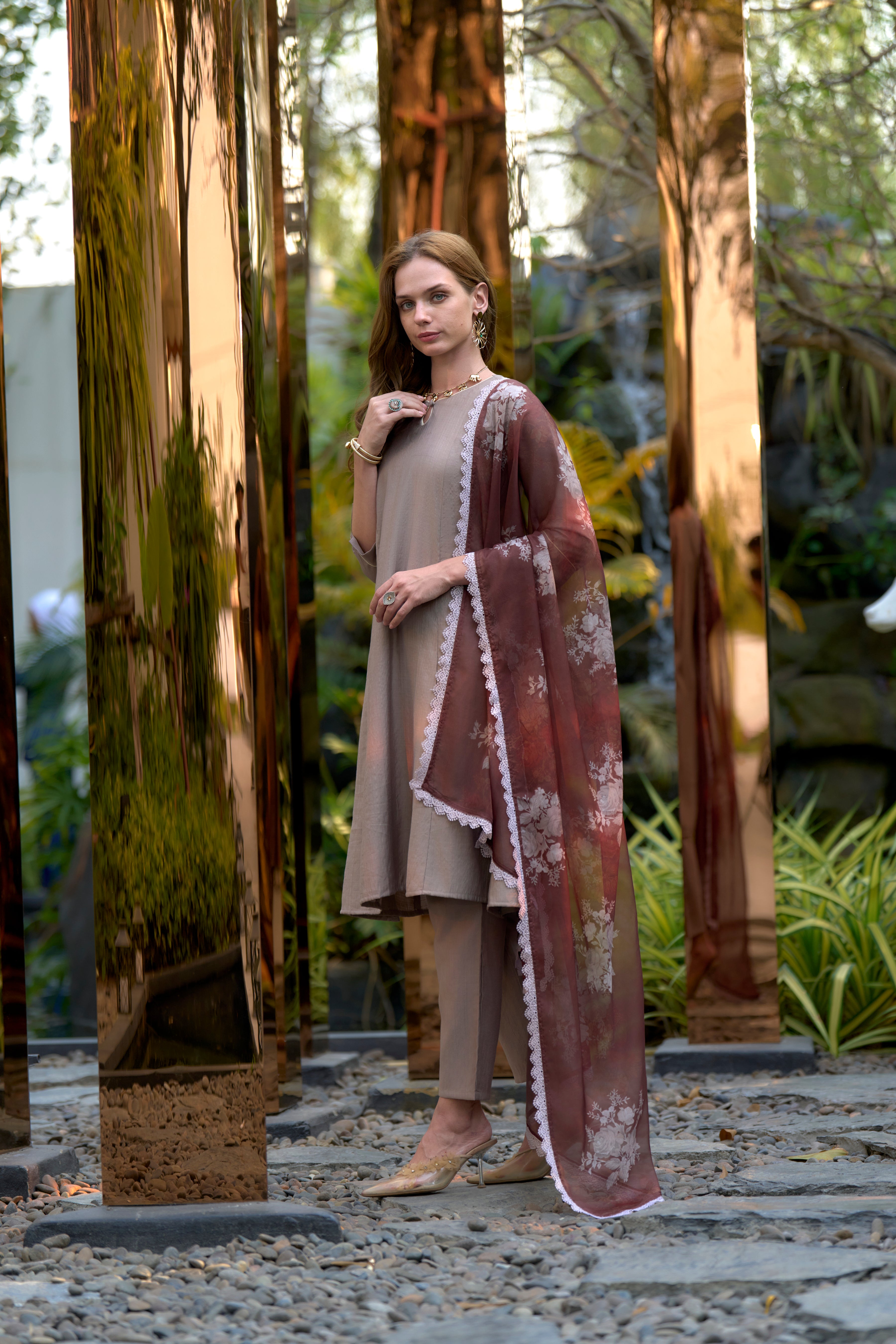 Her Couture Women's Grey Vatican Silk Solid Straight Kurta With Pant & Printed Dupatta